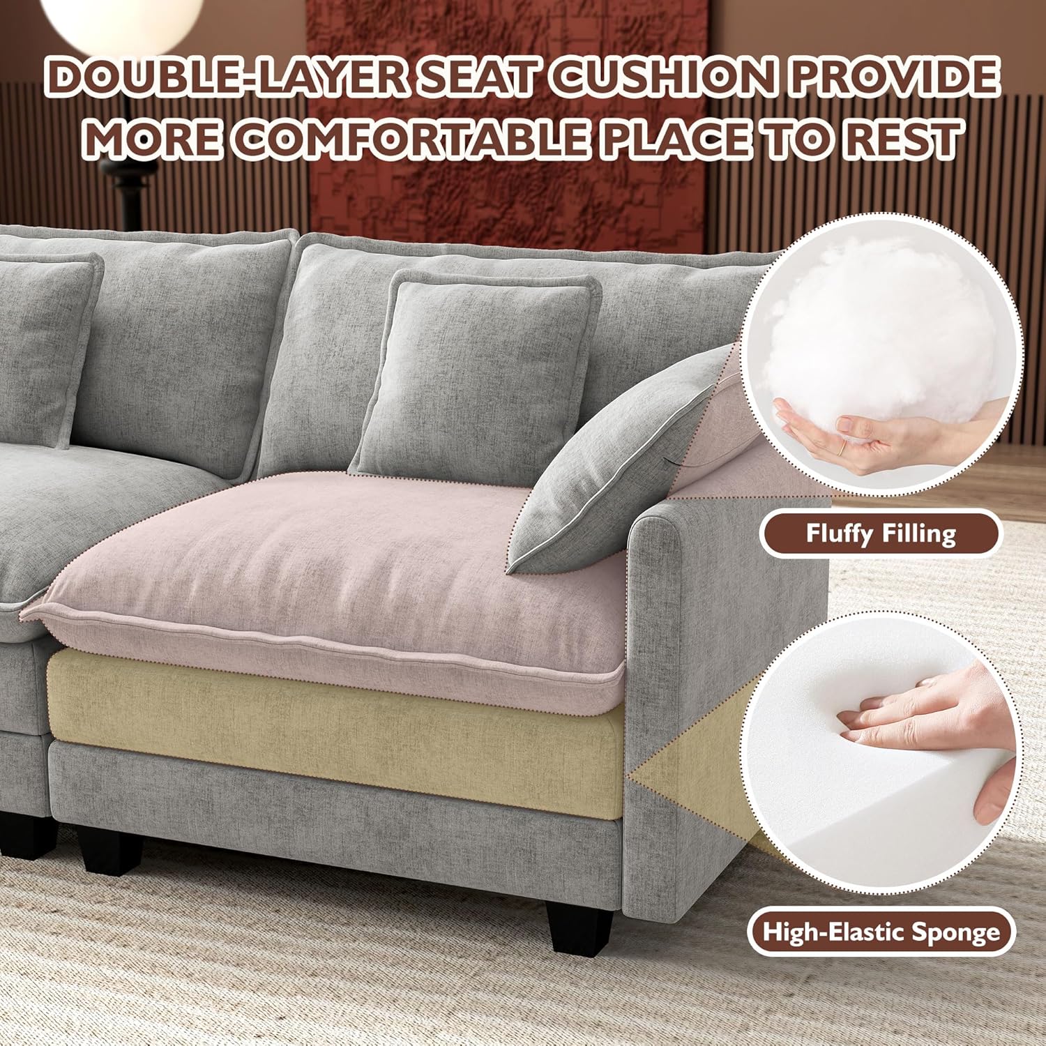Ihanherry U Shaped Modular Cloud Sofa 5 Seat Chenille Sectional with Ottoman