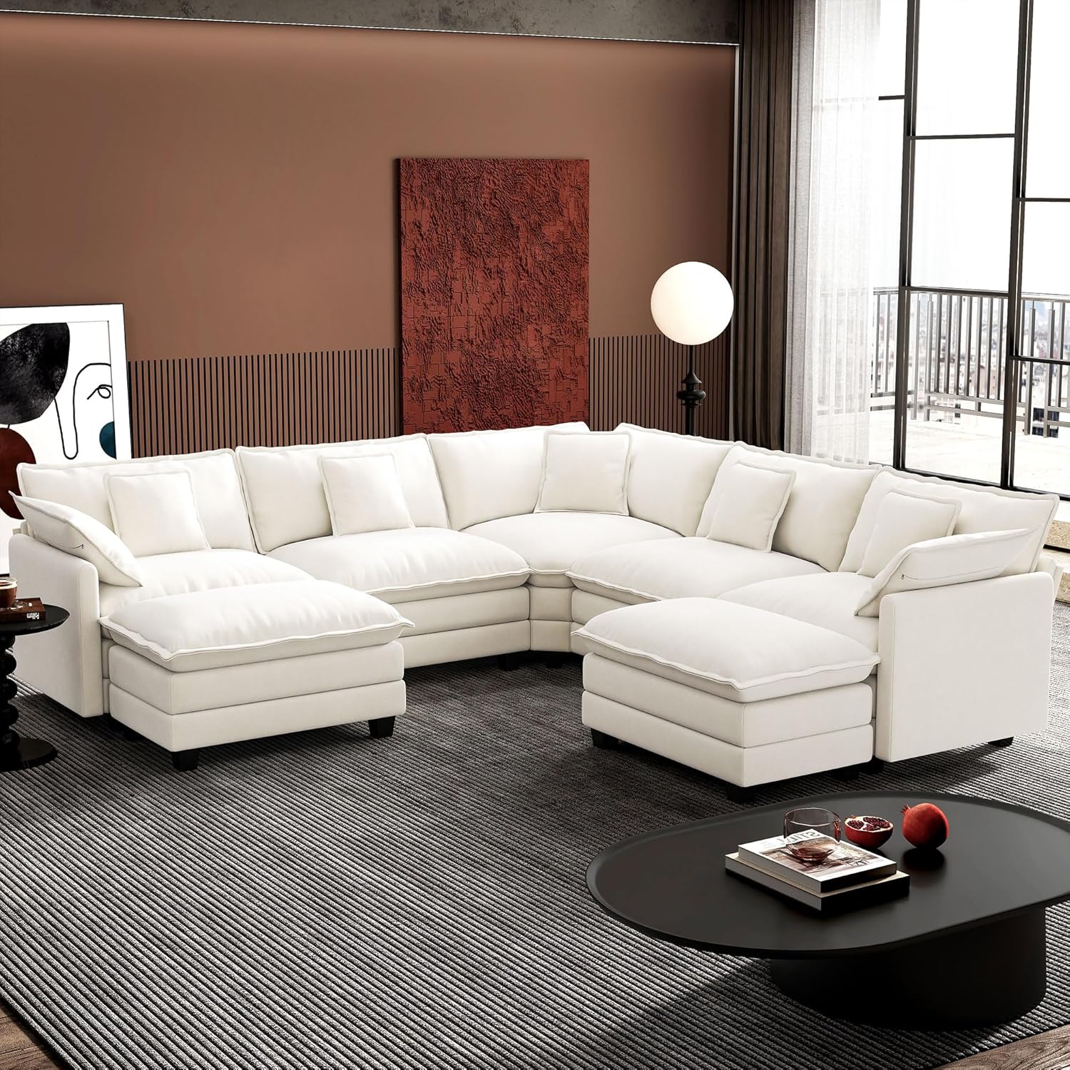 Ihanherry U Shaped Modular Cloud Sofa 5 Seat Chenille Sectional with Ottoman