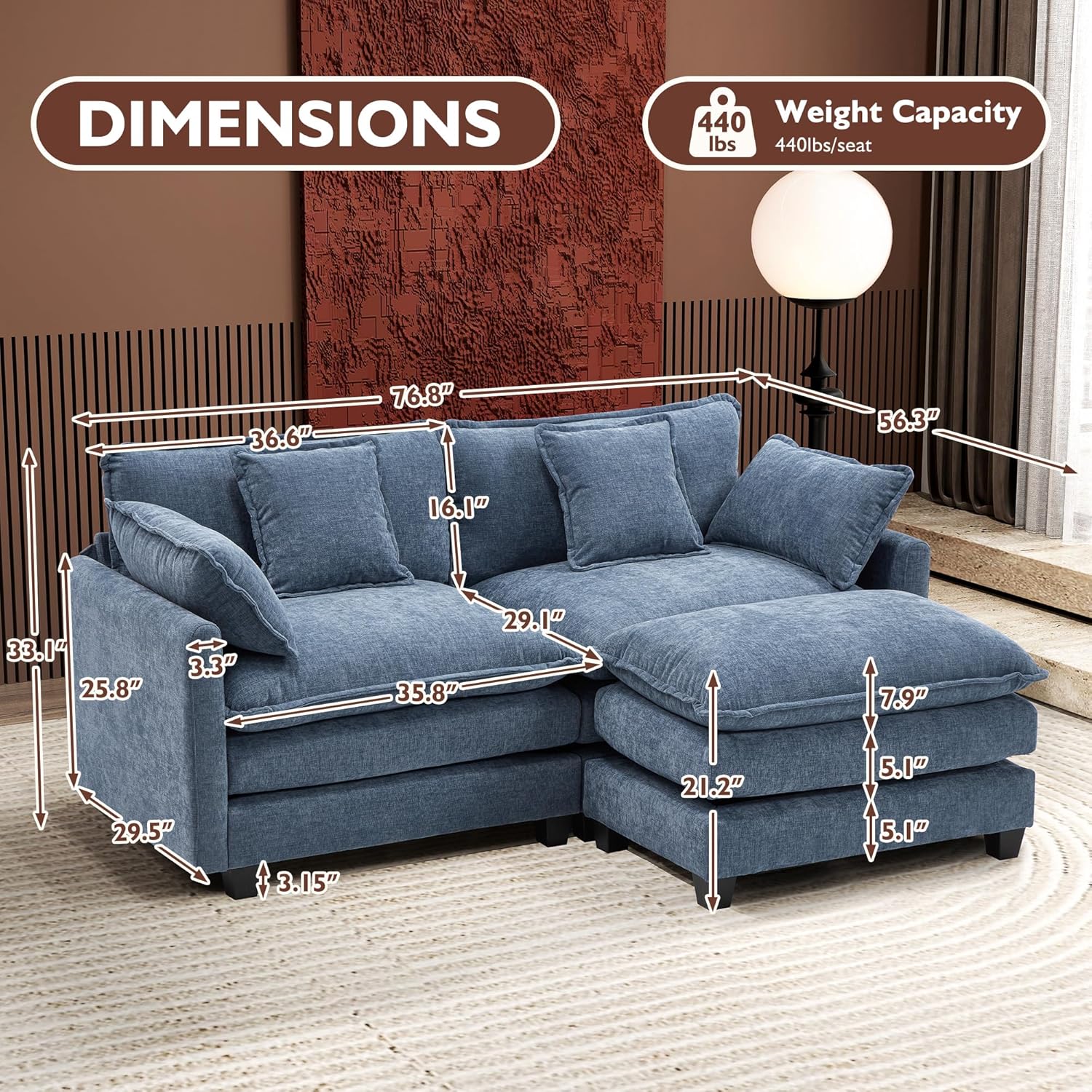 Ihanherry U Shaped Modular Cloud Sofa 5 Seat Chenille Sectional with Ottoman