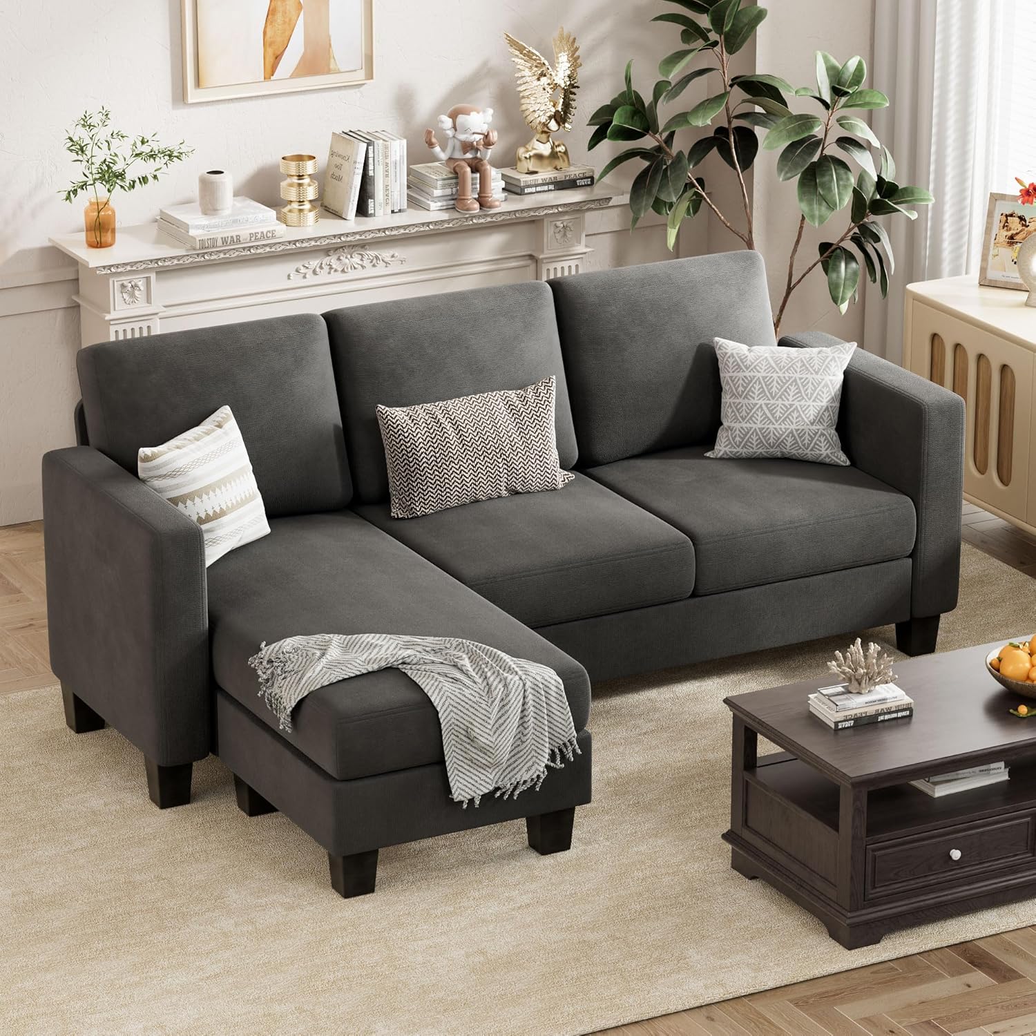 VICTONE Convertible L Shaped Sectional Sofa Couch 3 Seat with Ottoman