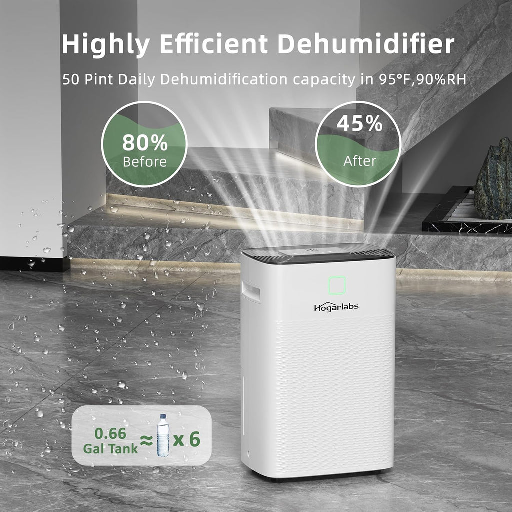 HOGARLABS 34 Pint Dehumidifier for Home Basement Ultra Silent Auto Shut Off Humidity Control