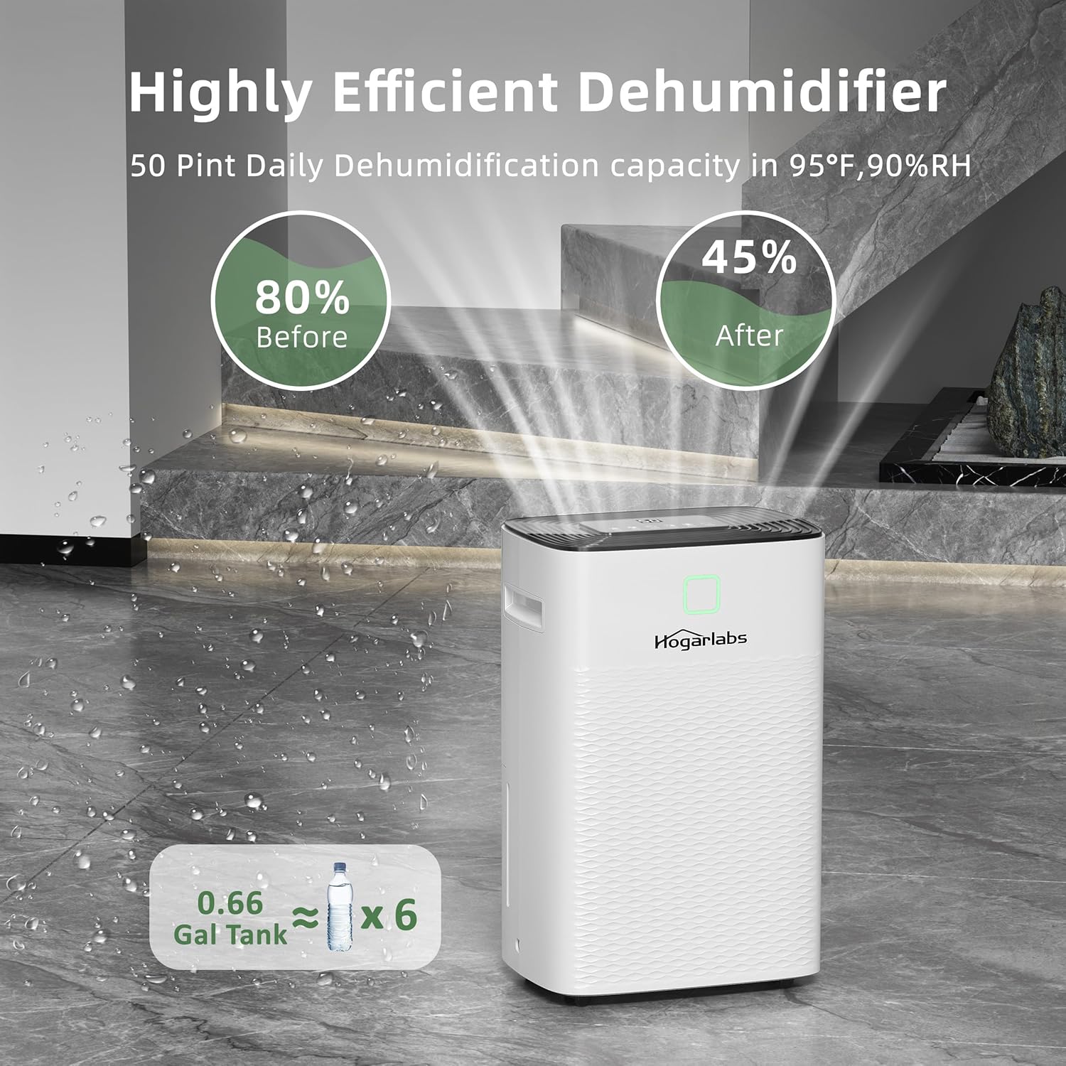 HOGARLABS 34 Pint Dehumidifier for Home Basement Ultra Silent Auto Shut Off Humidity Control