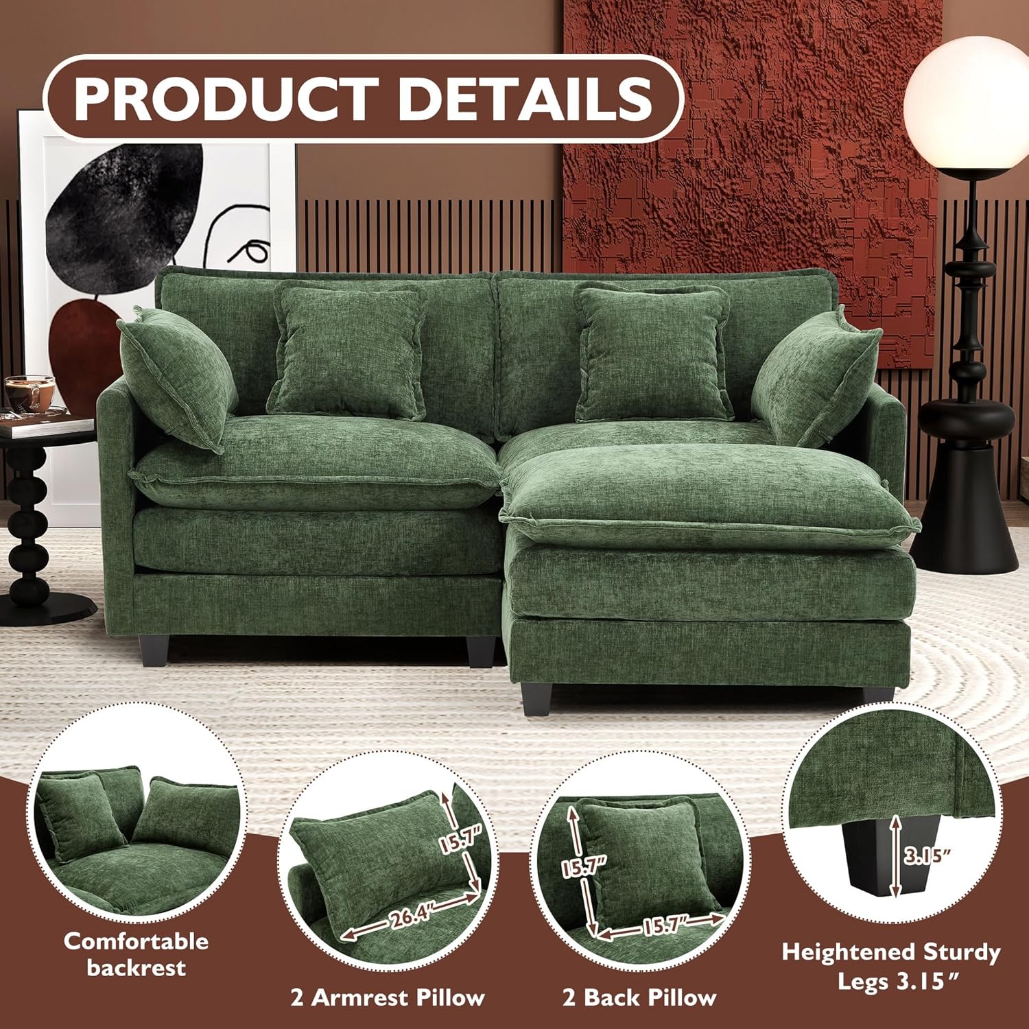 Ihanherry U Shaped Modular Cloud Sofa 5 Seat Chenille Sectional with Ottoman