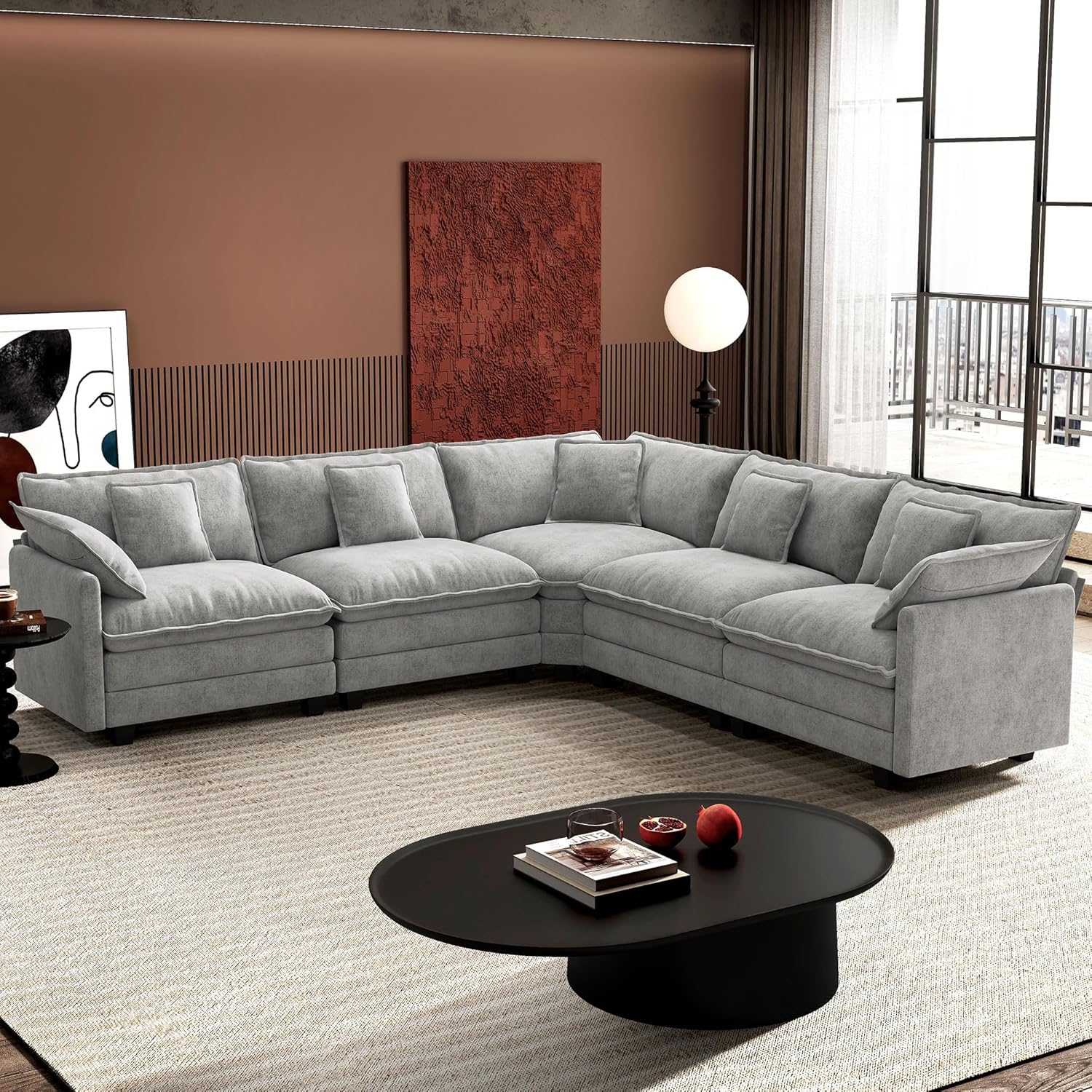 Ihanherry U Shaped Modular Cloud Sofa 5 Seat Chenille Sectional with Ottoman