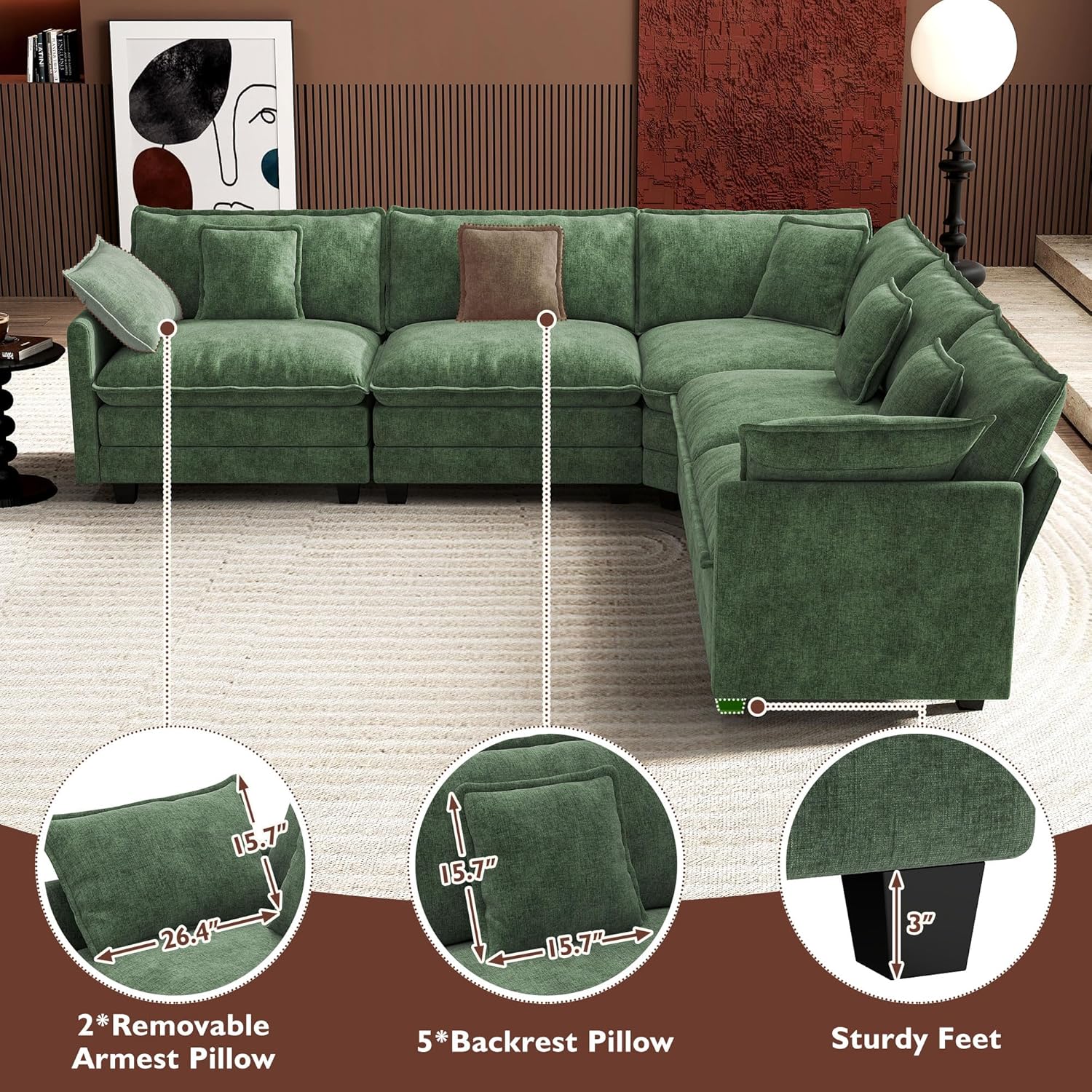 Ihanherry U Shaped Modular Cloud Sofa 5 Seat Chenille Sectional with Ottoman