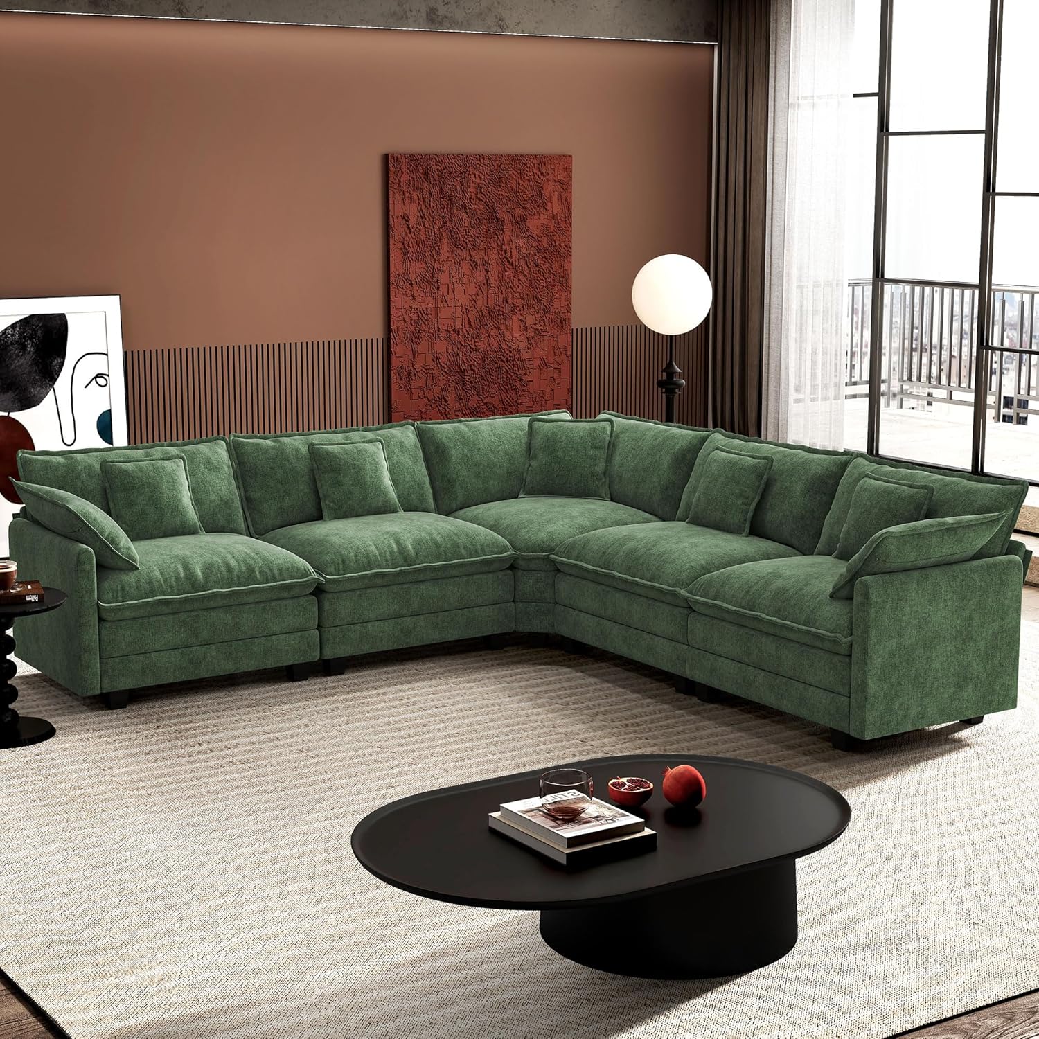 Ihanherry U Shaped Modular Cloud Sofa 5 Seat Chenille Sectional with Ottoman
