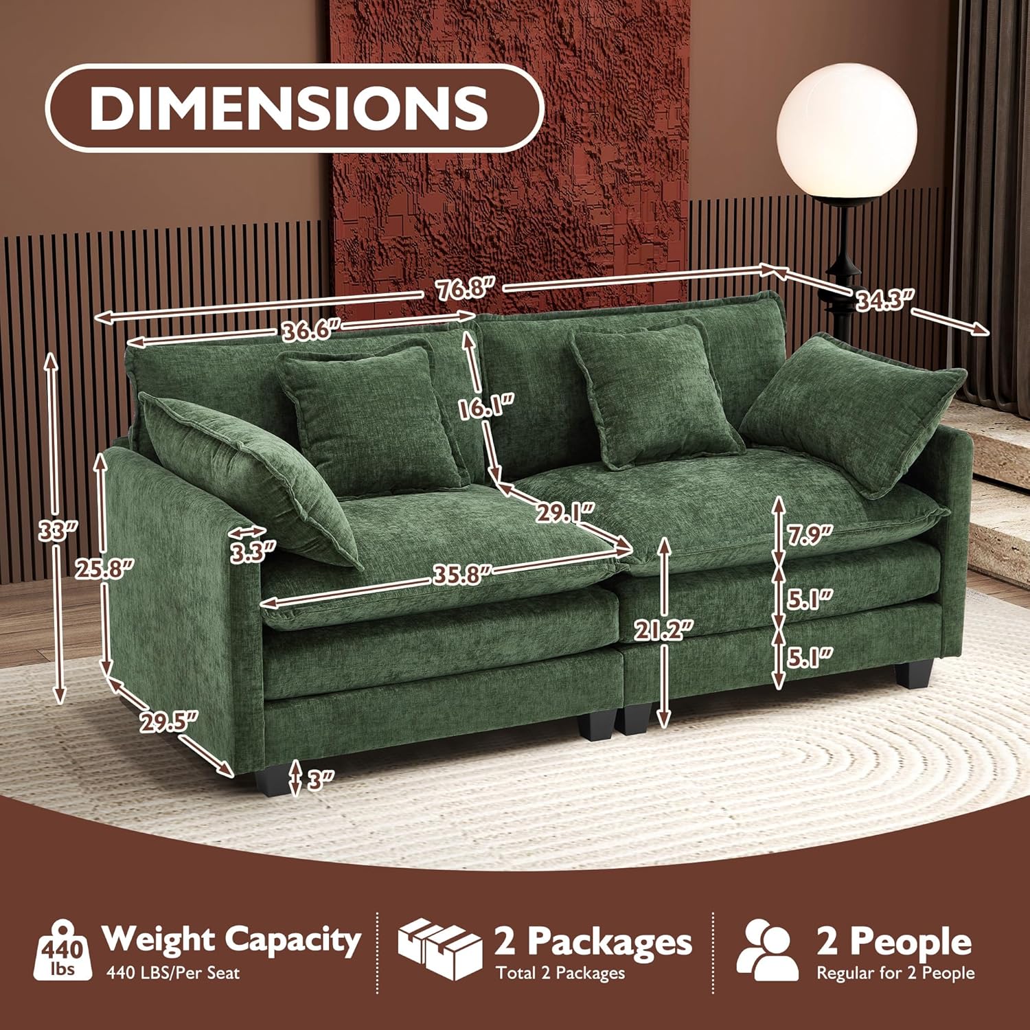 Ihanherry U Shaped Modular Cloud Sofa 5 Seat Chenille Sectional with Ottoman