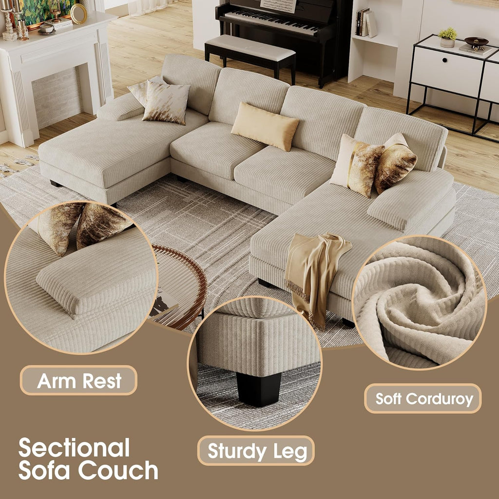Furmax U-Shaped Sectional Sofa Couch 4 Seat Linen Fabric Double Chaise