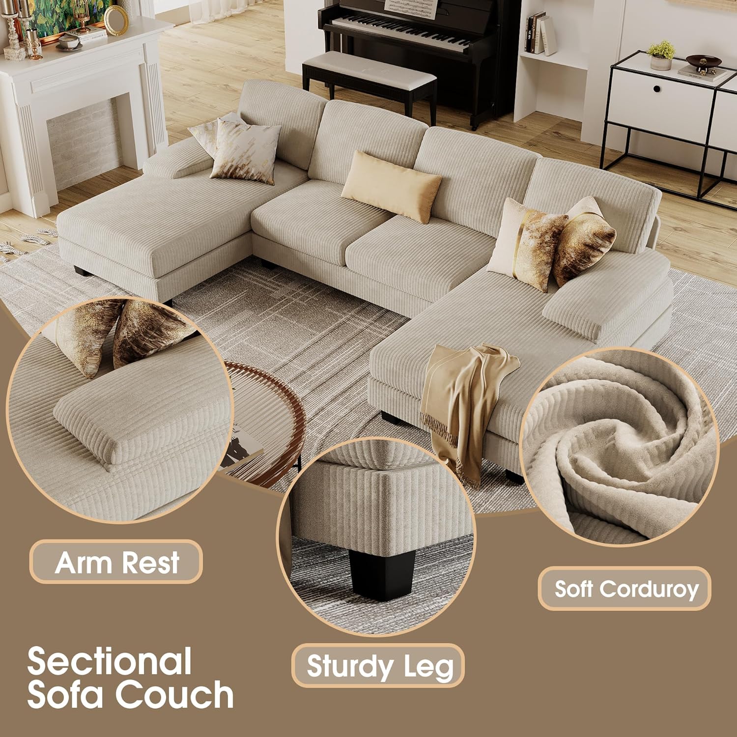 Furmax U-Shaped Sectional Sofa Couch 4 Seat Linen Fabric Double Chaise