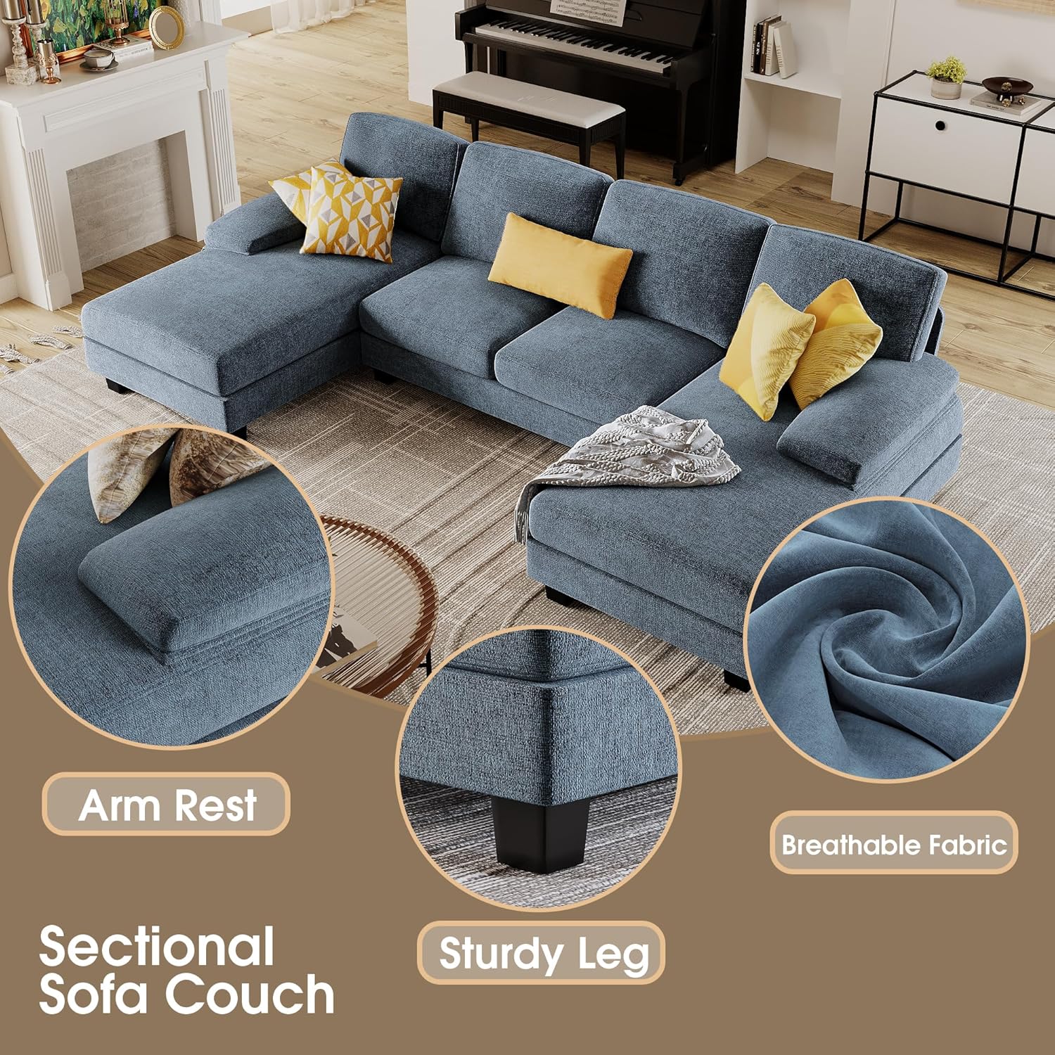 Furmax U-Shaped Sectional Sofa Couch 4 Seat Linen Fabric Double Chaise