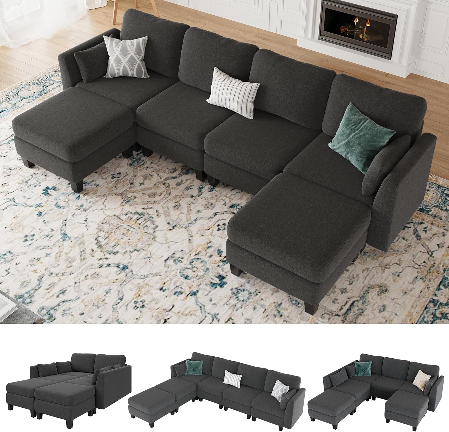 Huatean Home Modular Sectional Sofa U Shaped Couch 6 Seat Convertible High Density Foam