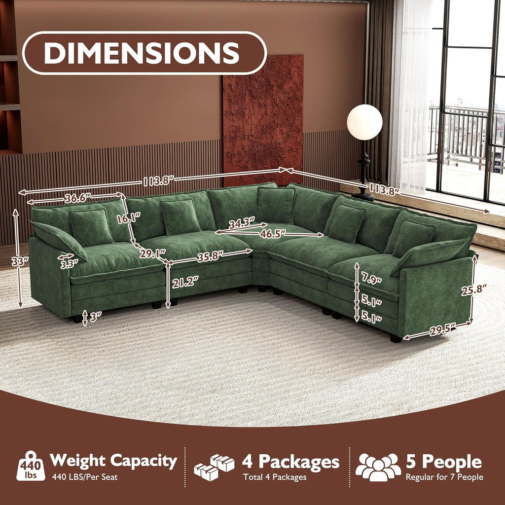 Ihanherry U Shaped Modular Cloud Sofa 5 Seat Chenille Sectional with Ottoman