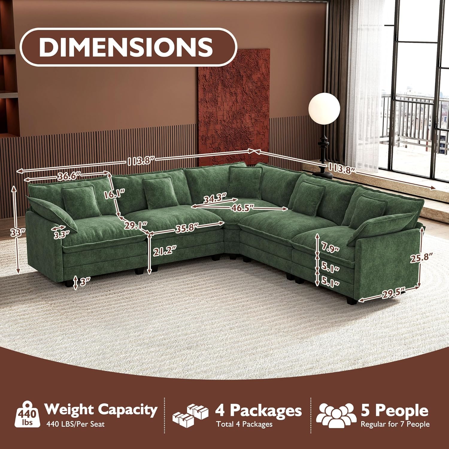 Ihanherry U Shaped Modular Cloud Sofa 5 Seat Chenille Sectional with Ottoman