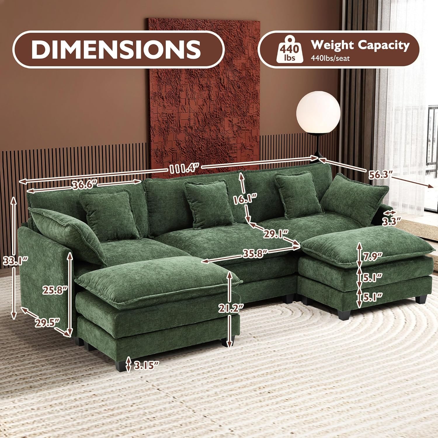 Ihanherry U Shaped Modular Cloud Sofa 5 Seat Chenille Sectional with Ottoman