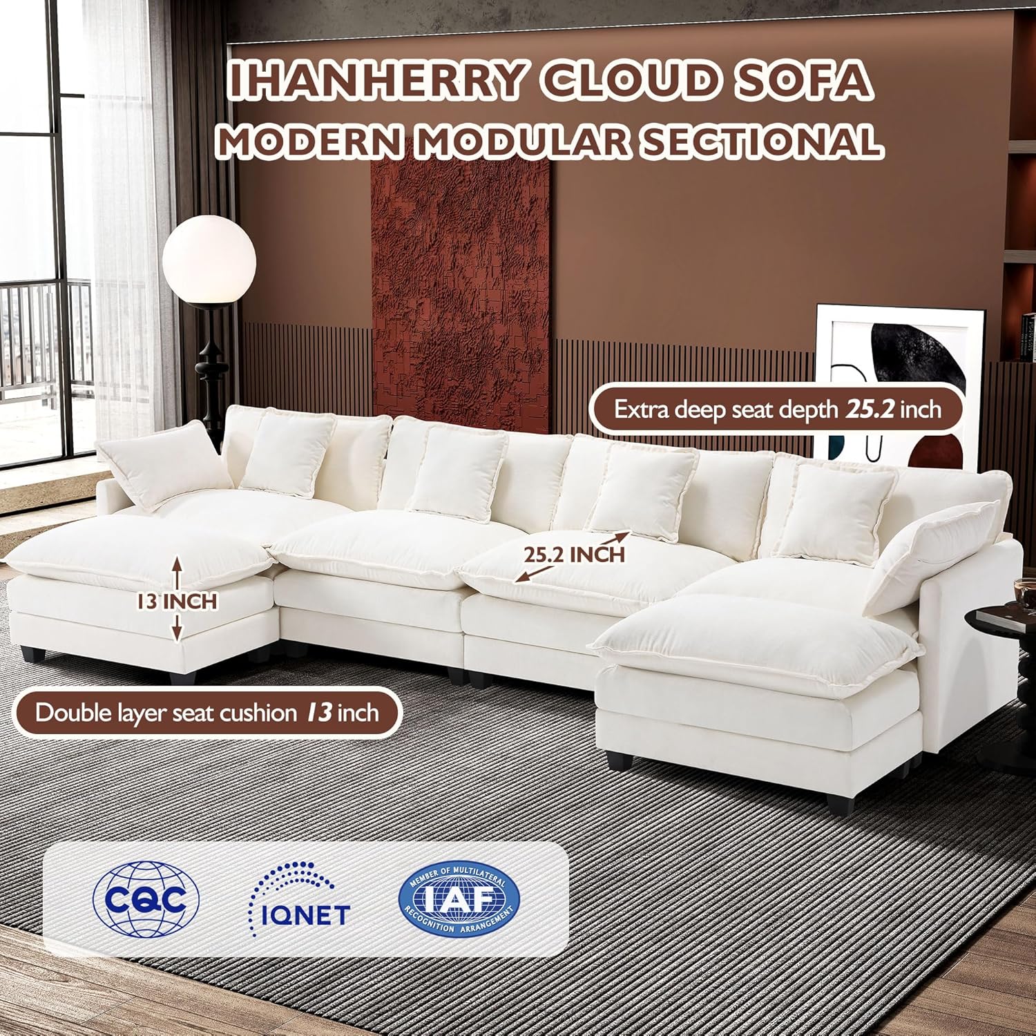 Ihanherry U Shaped Modular Cloud Sofa 5 Seat Chenille Sectional with Ottoman