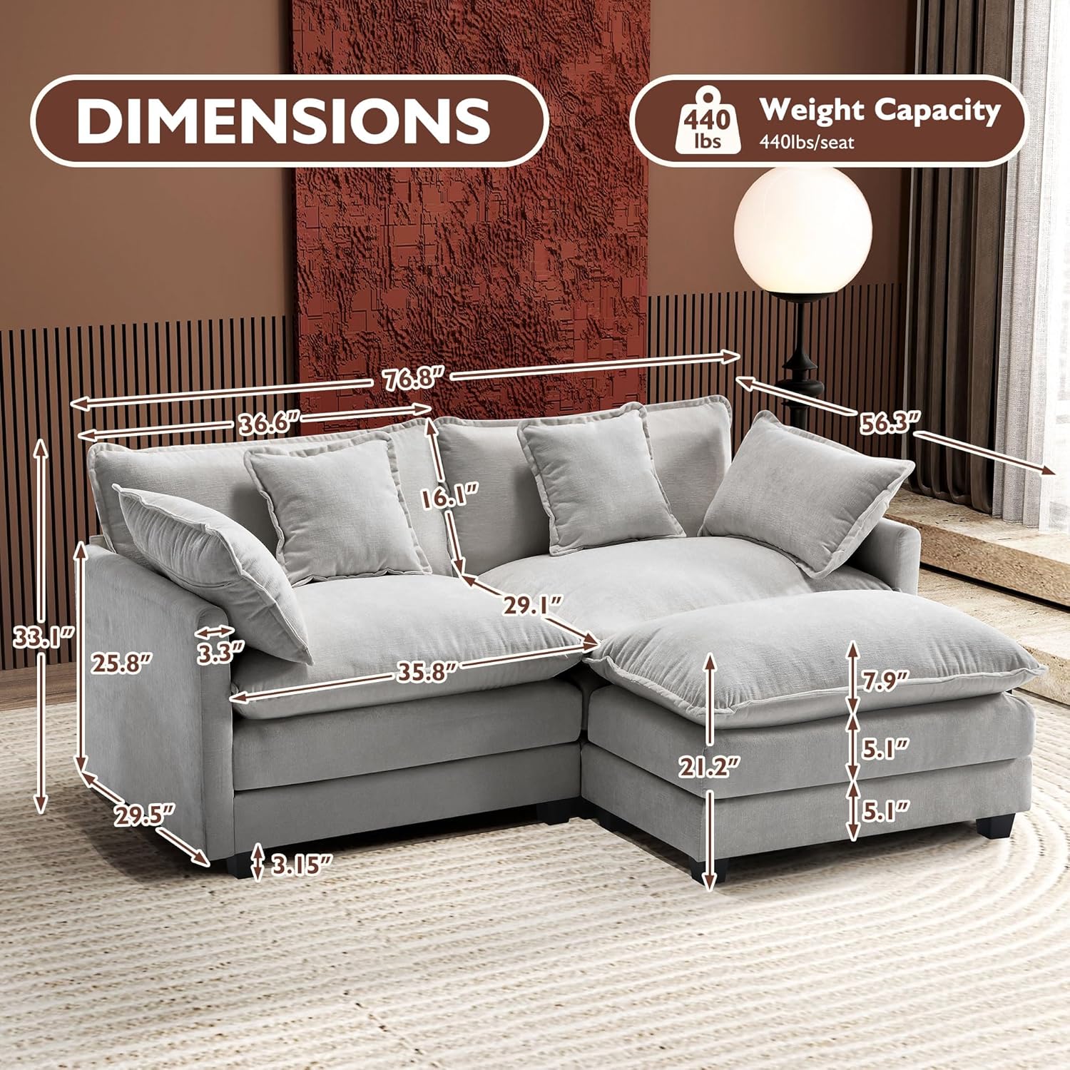 Ihanherry U Shaped Modular Cloud Sofa 5 Seat Chenille Sectional with Ottoman