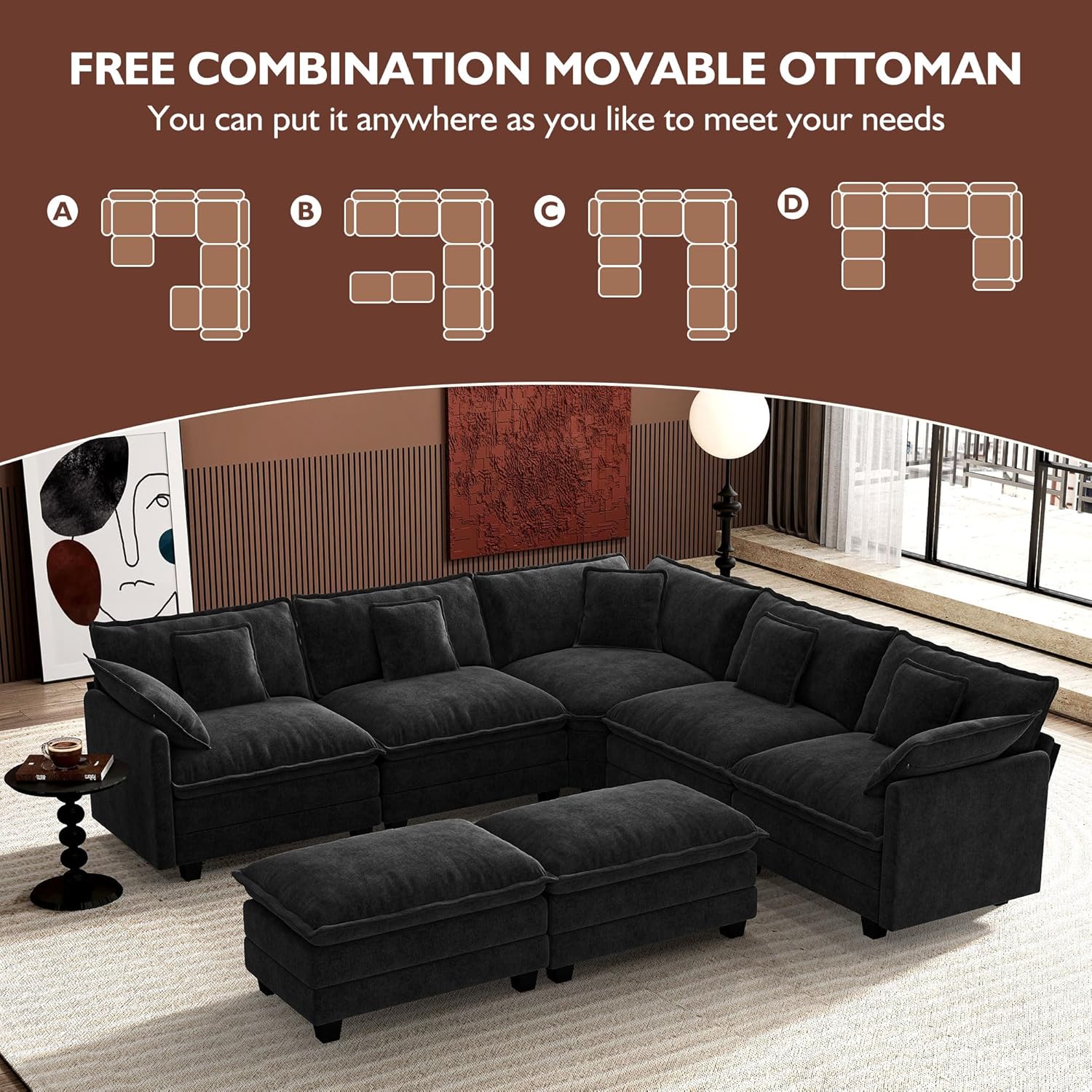 Ihanherry U Shaped Modular Cloud Sofa 5 Seat Chenille Sectional with Ottoman