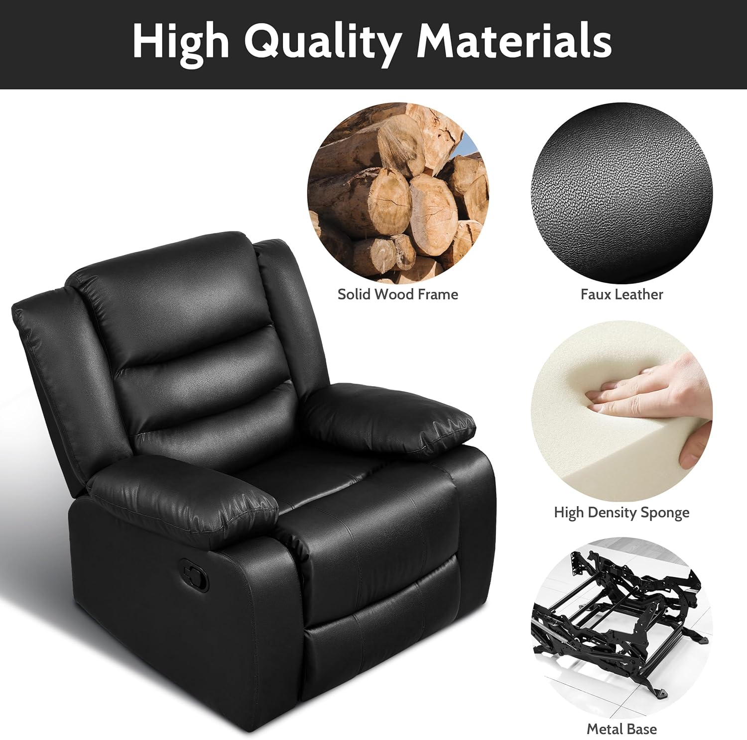 PrimeZone Oversized Rocker Recliner Chair Faux Leather Manual Reclining Brown
