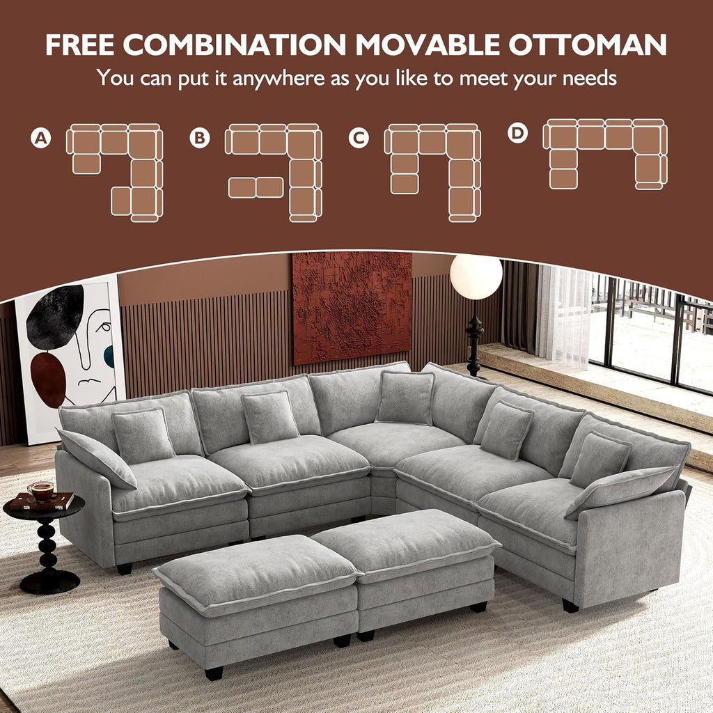Ihanherry U Shaped Modular Cloud Sofa 5 Seat Chenille Sectional with Ottoman
