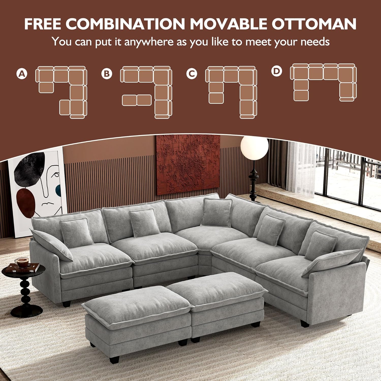 Ihanherry U Shaped Modular Cloud Sofa 5 Seat Chenille Sectional with Ottoman