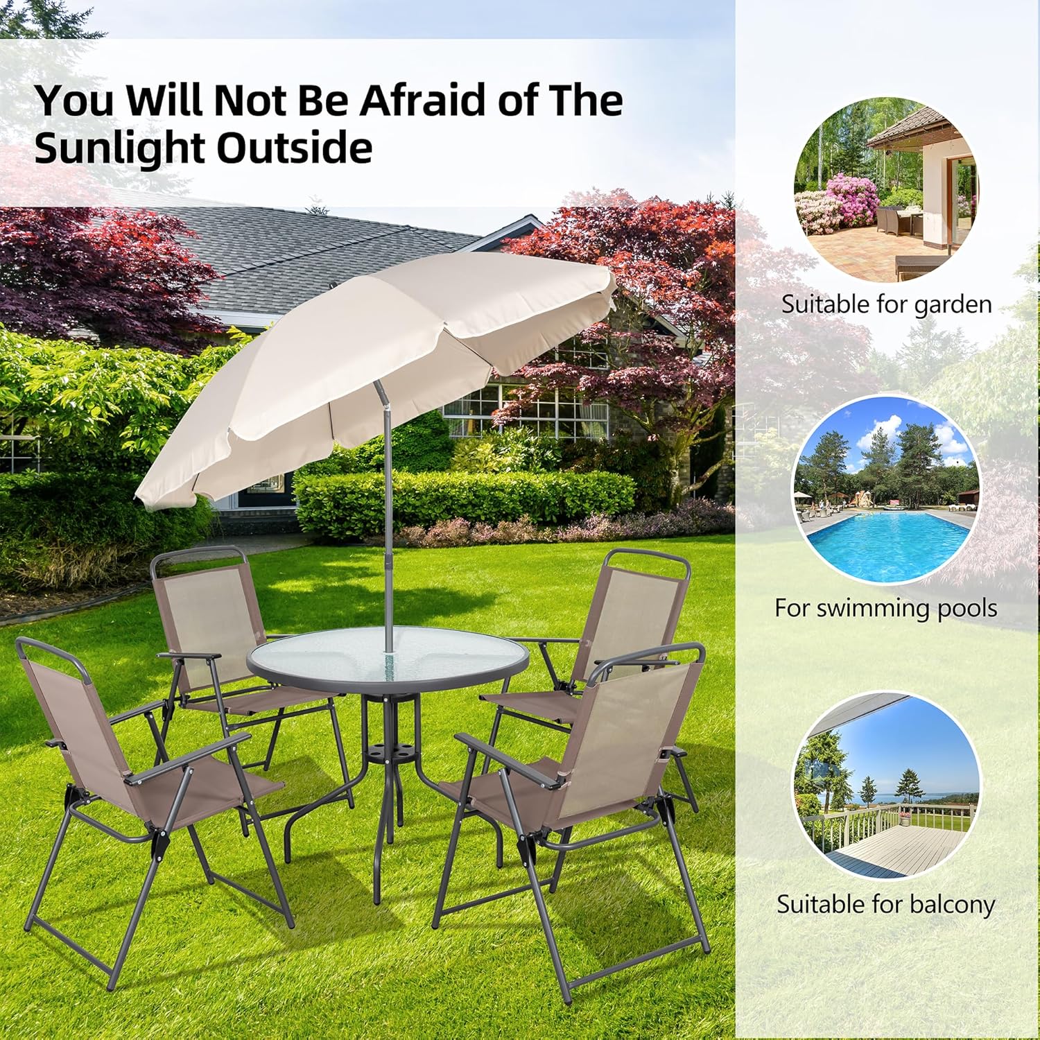 Vongrasig 6 Piece Folding Patio Dining Set Outdoor Table with 4 Chairs Umbrella