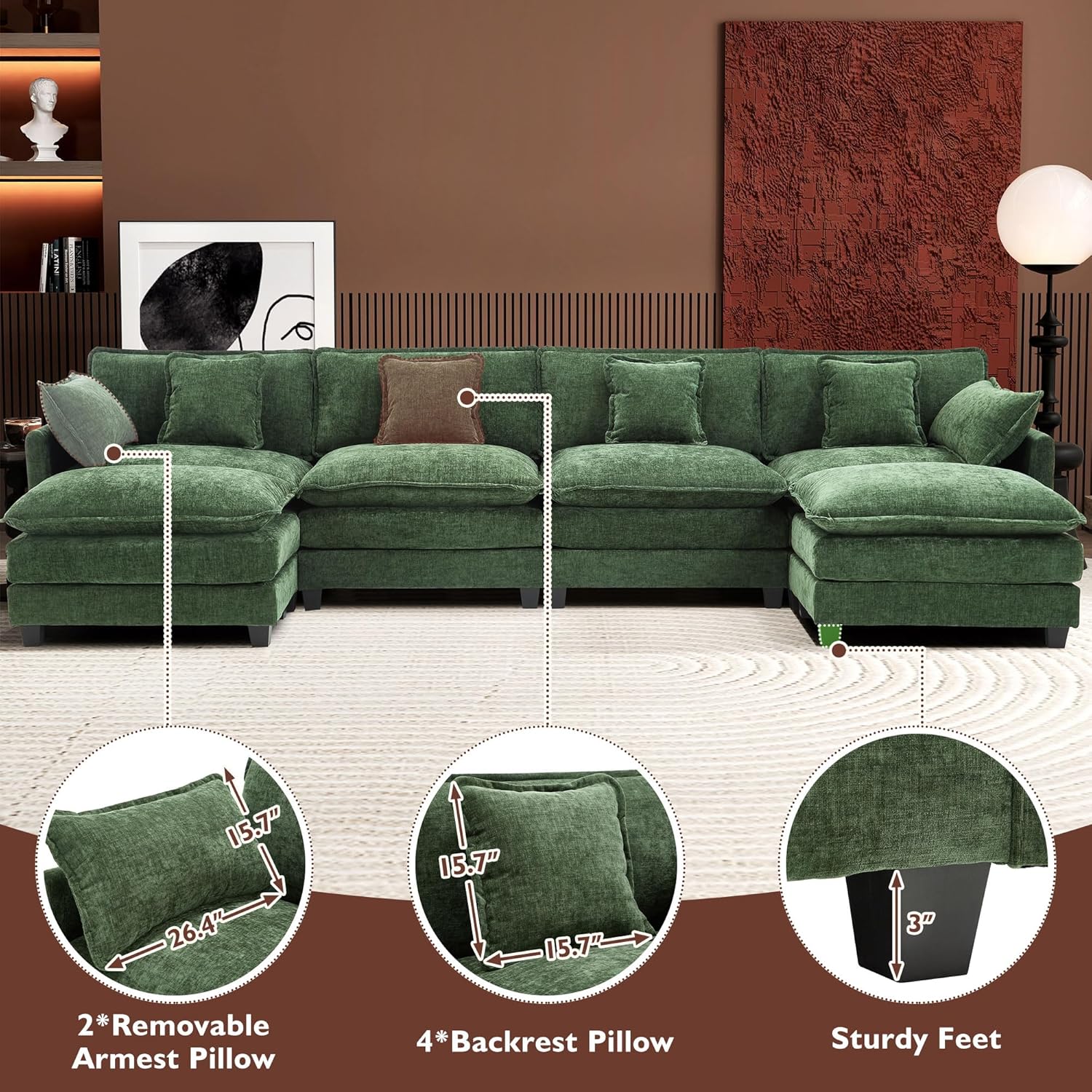 Ihanherry U Shaped Modular Cloud Sofa 5 Seat Chenille Sectional with Ottoman