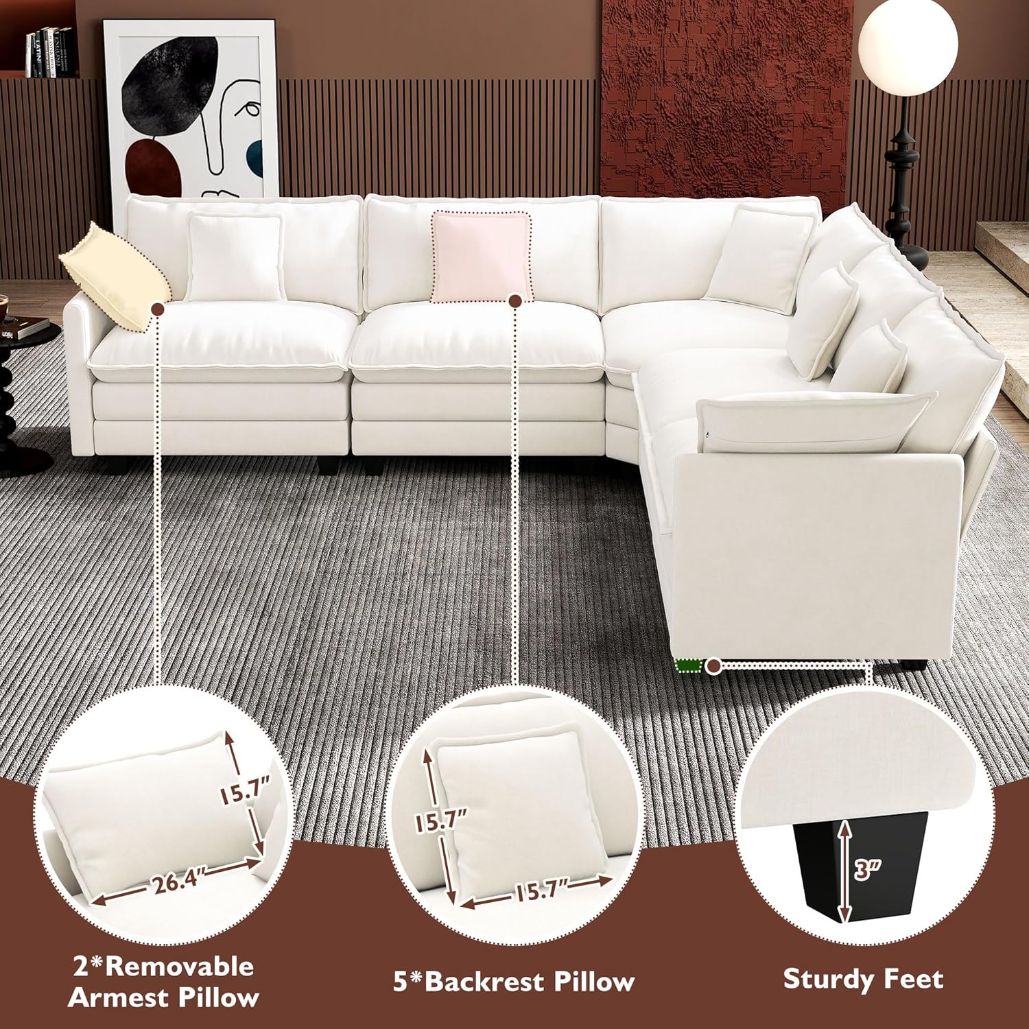 Ihanherry U Shaped Modular Sectional Sofa 5 Seat with 2 Ottomans Chenille