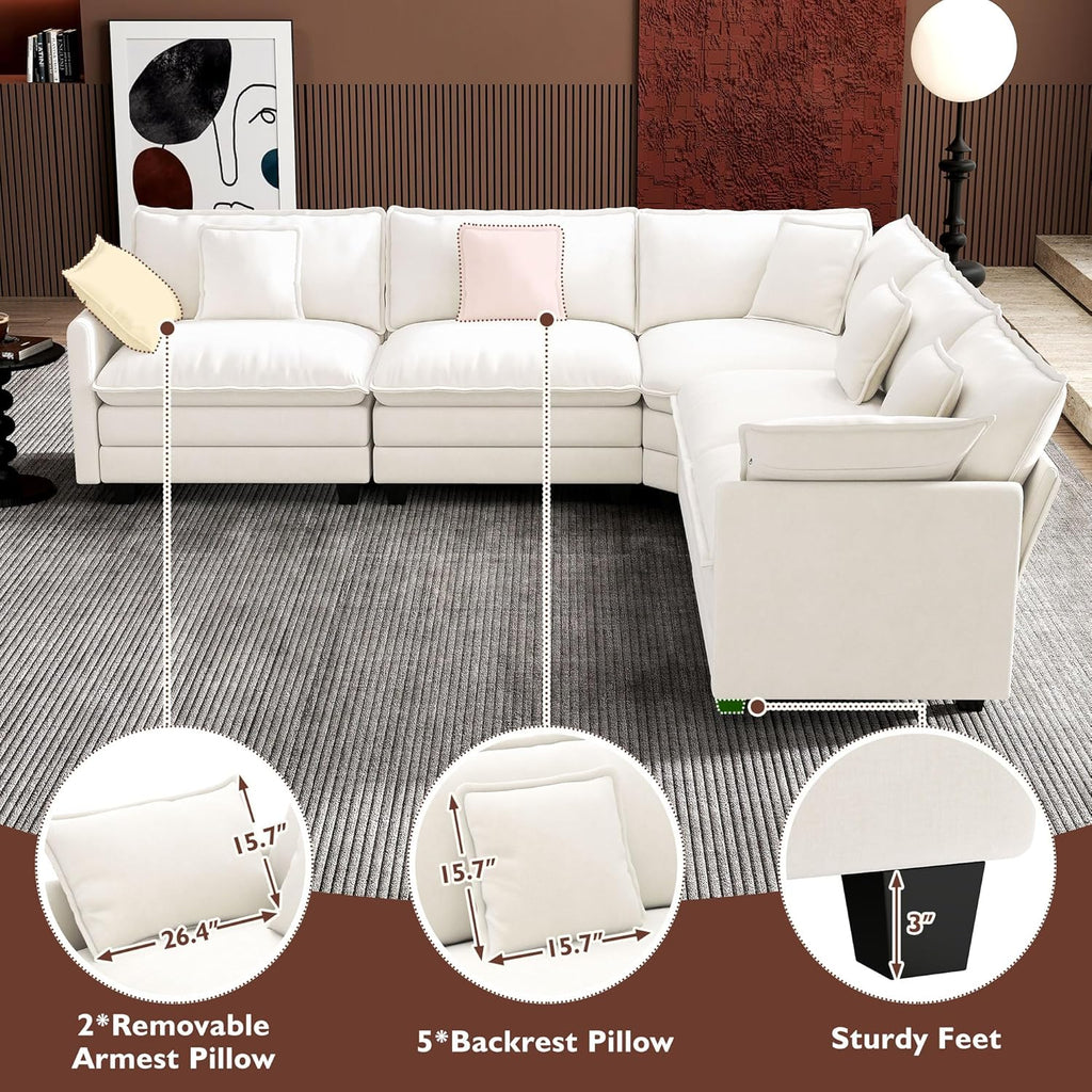 Ihanherry U Shaped Modular Cloud Sofa 5 Seat Chenille Sectional with Ottoman