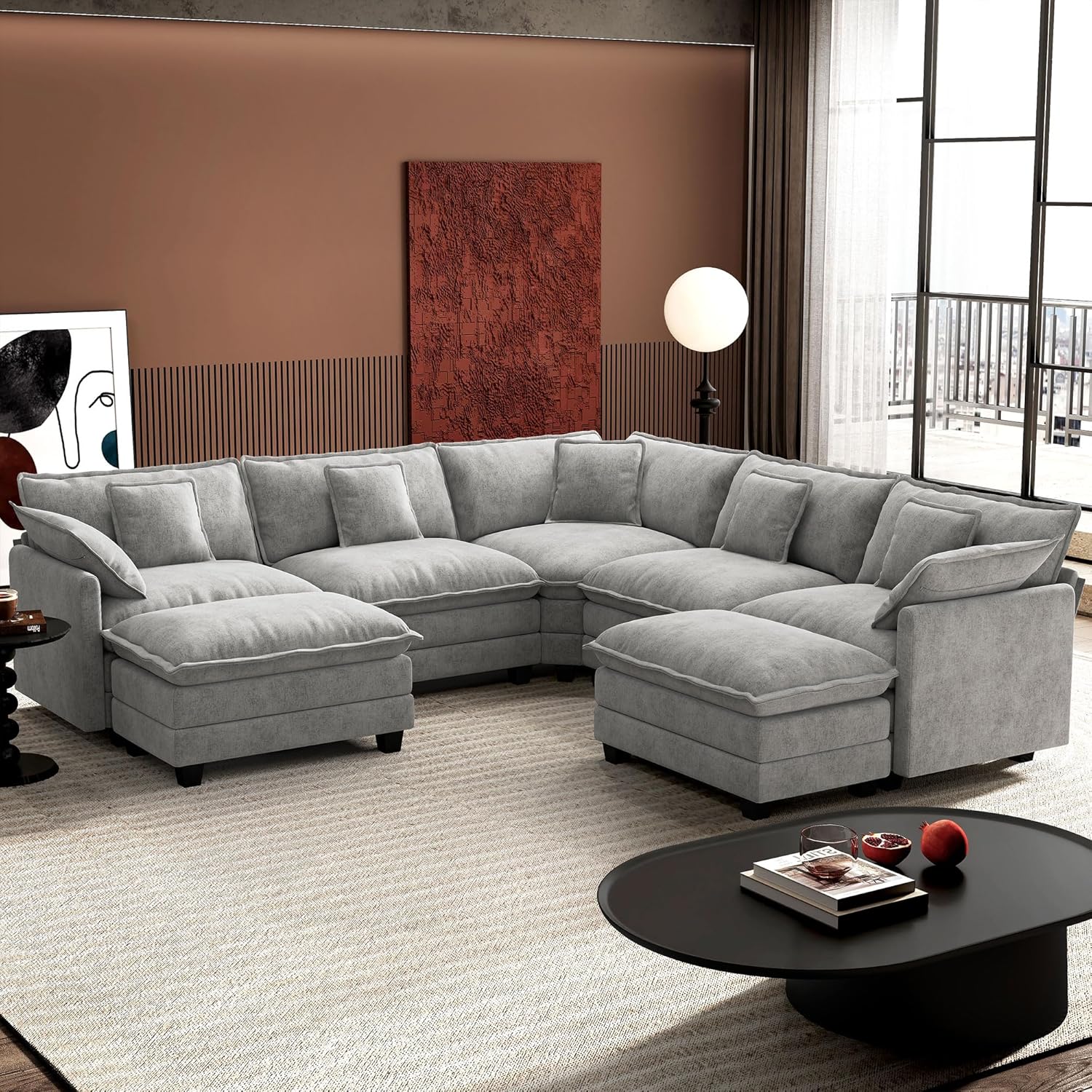 Ihanherry U Shaped Modular Cloud Sofa 5 Seat Chenille Sectional with Ottoman