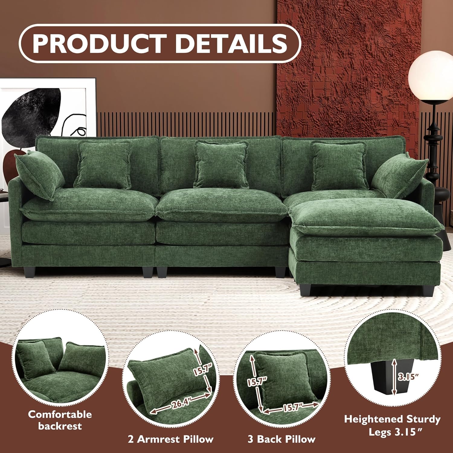Ihanherry U Shaped Modular Cloud Sofa 5 Seat Chenille Sectional with Ottoman