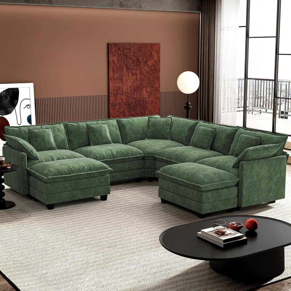 Ihanherry U Shaped Modular Cloud Sofa 5 Seat Chenille Sectional with Ottoman