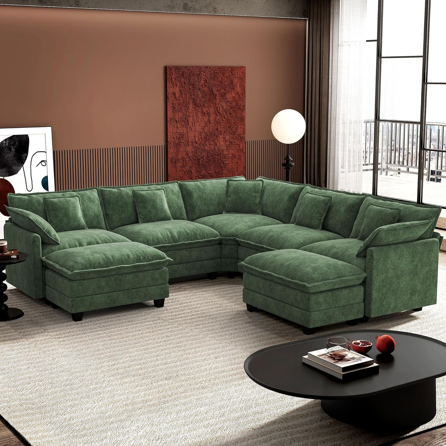 Ihanherry U Shaped Modular Cloud Sofa 5 Seat Chenille Sectional with Ottoman