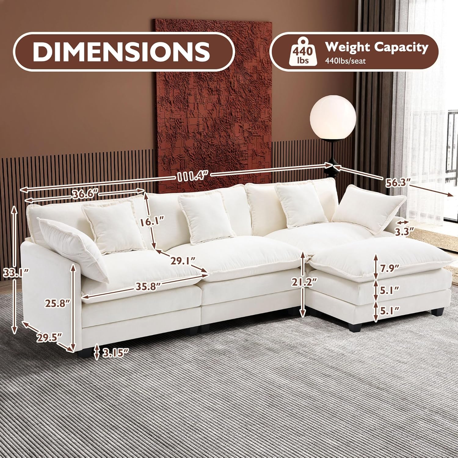 Ihanherry U Shaped Modular Cloud Sofa 5 Seat Chenille Sectional with Ottoman