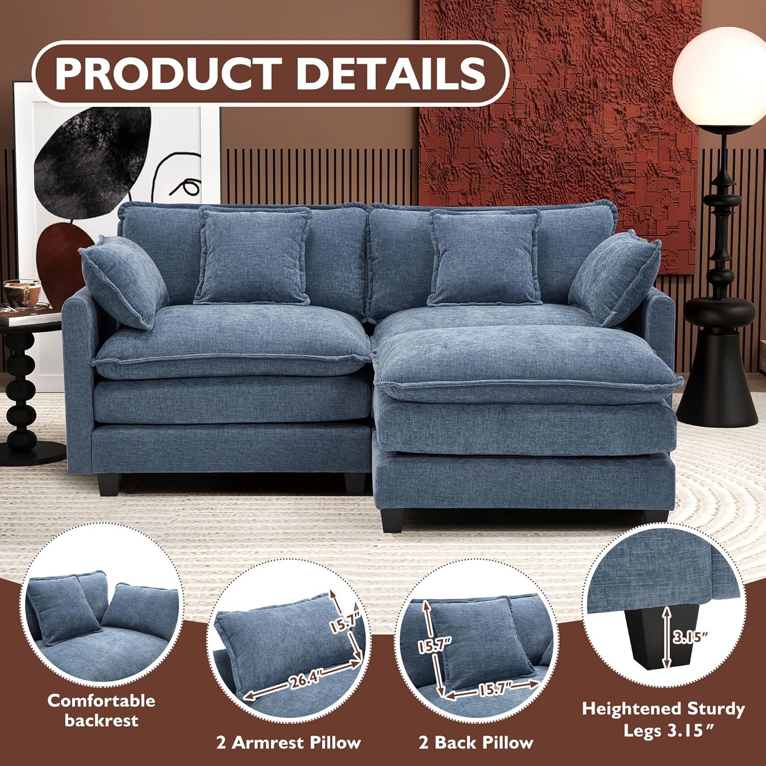 Ihanherry U Shaped Modular Cloud Sofa 5 Seat Chenille Sectional with Ottoman