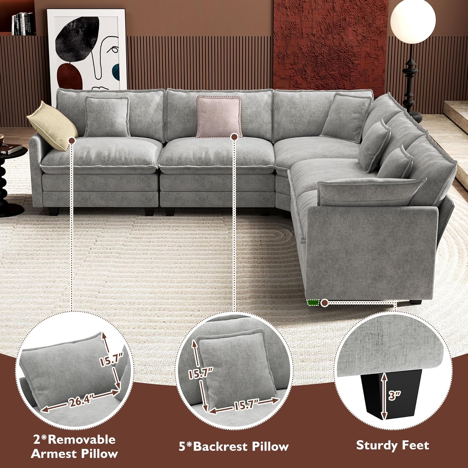 Ihanherry U Shaped Modular Cloud Sofa 5 Seat Chenille Sectional with Ottoman