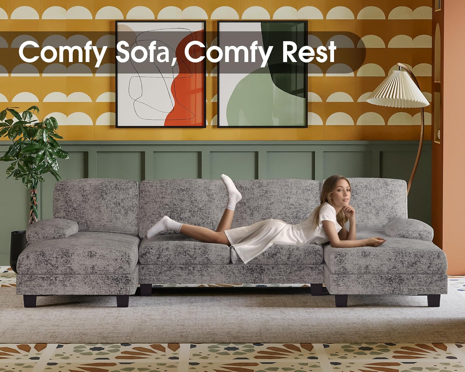 Furmax U-Shaped Sectional Sofa Couch 4 Seat Linen Fabric Double Chaise