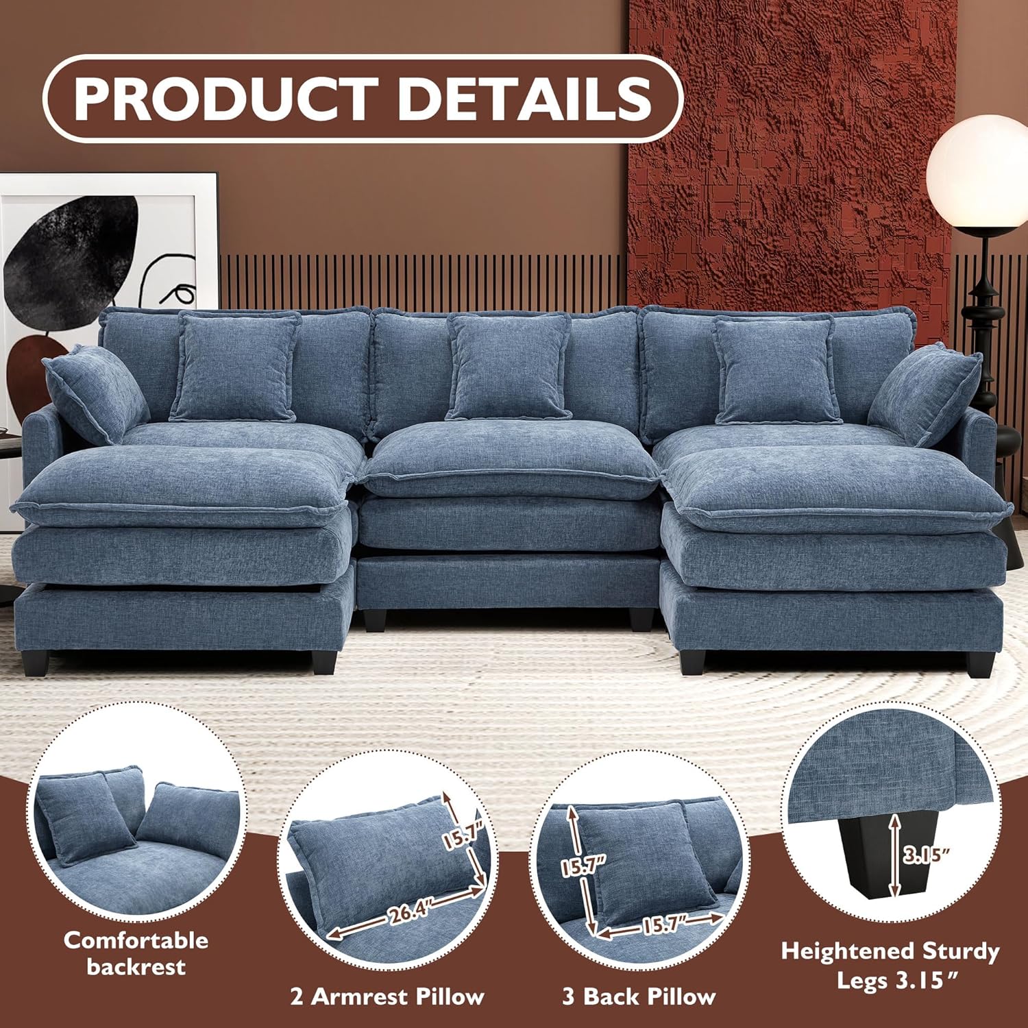 Ihanherry U Shaped Modular Cloud Sofa 5 Seat Chenille Sectional with Ottoman