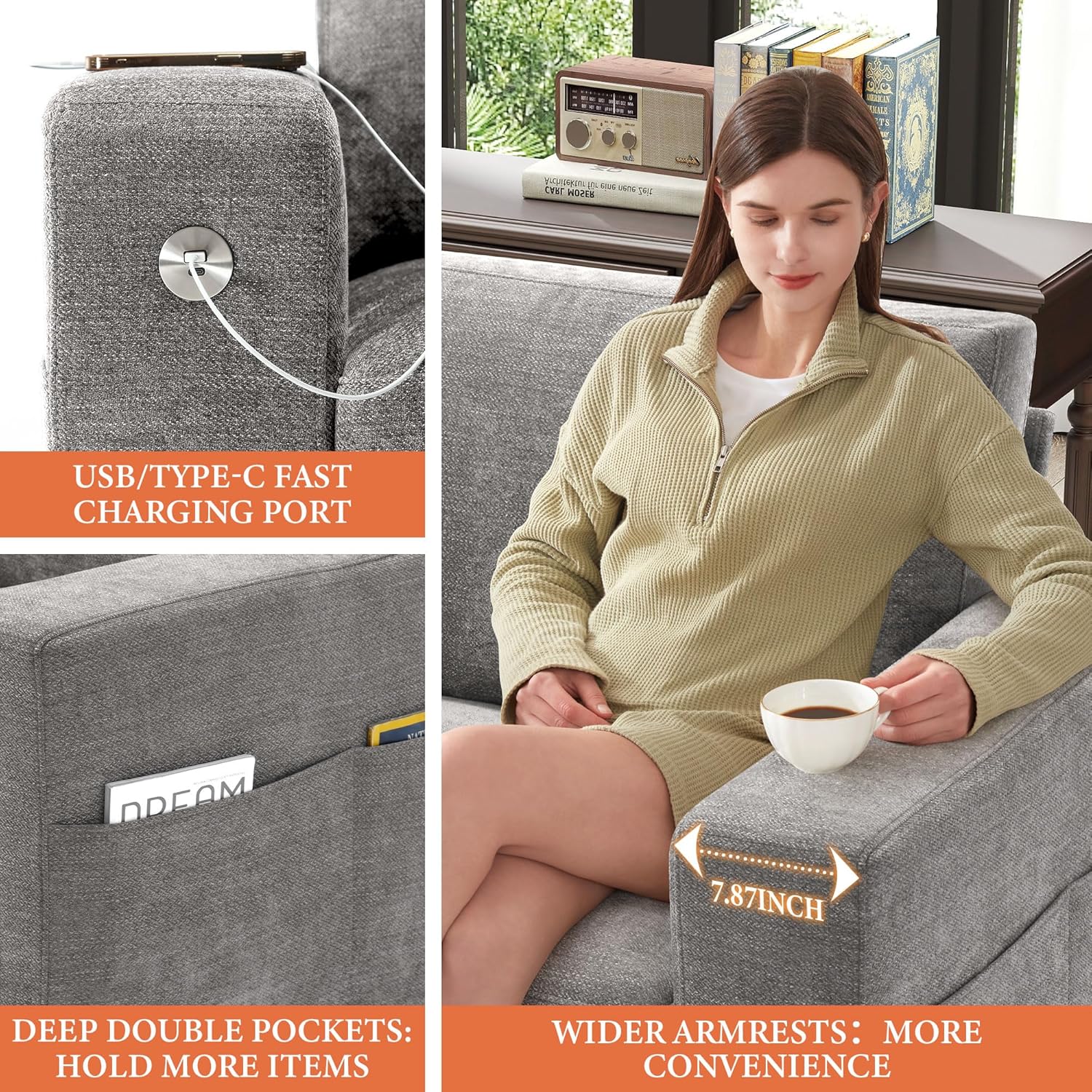 Ihanherry U Shaped Modular Cloud Sofa 5 Seat Chenille Sectional with Ottoman