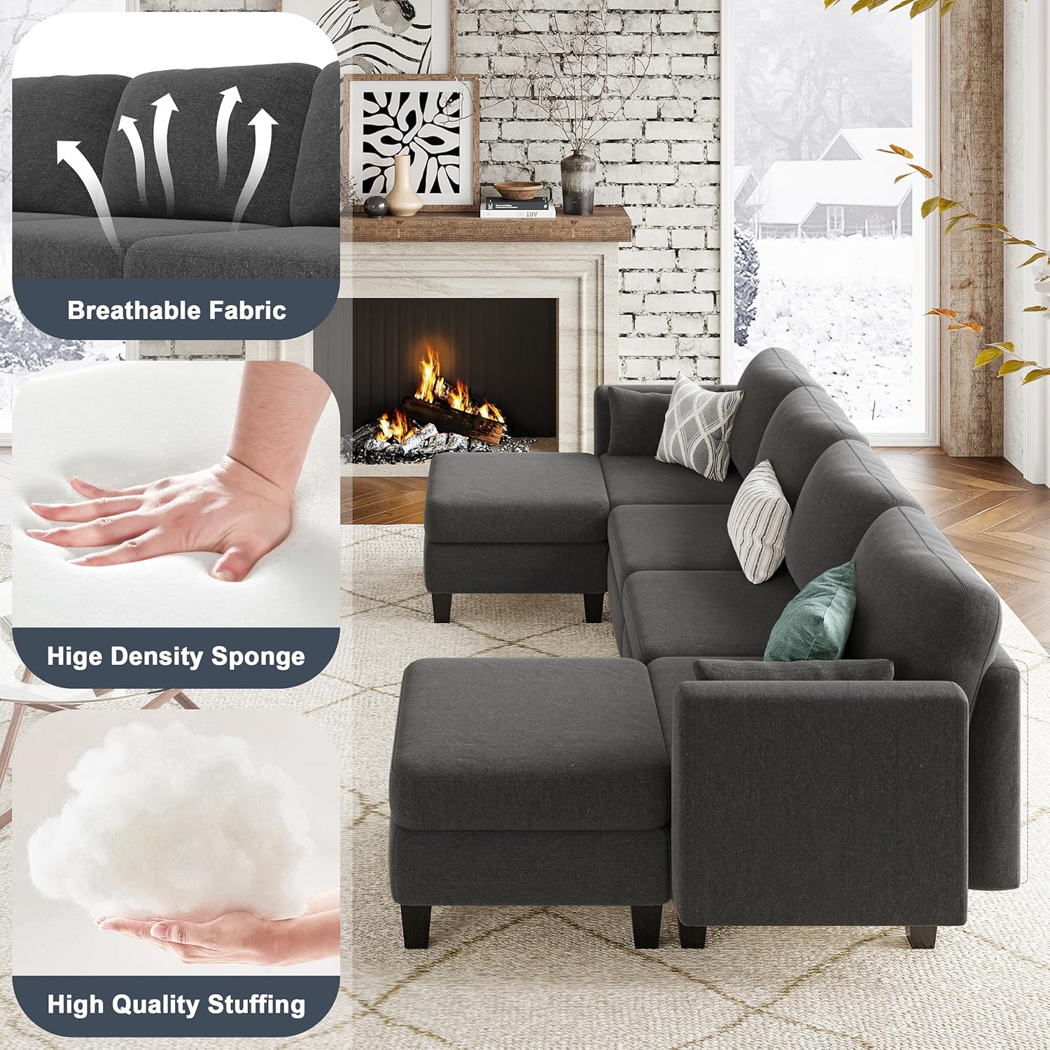 Huatean Home Modular Sectional Sofa U Shaped Couch 6 Seat Convertible High Density Foam
