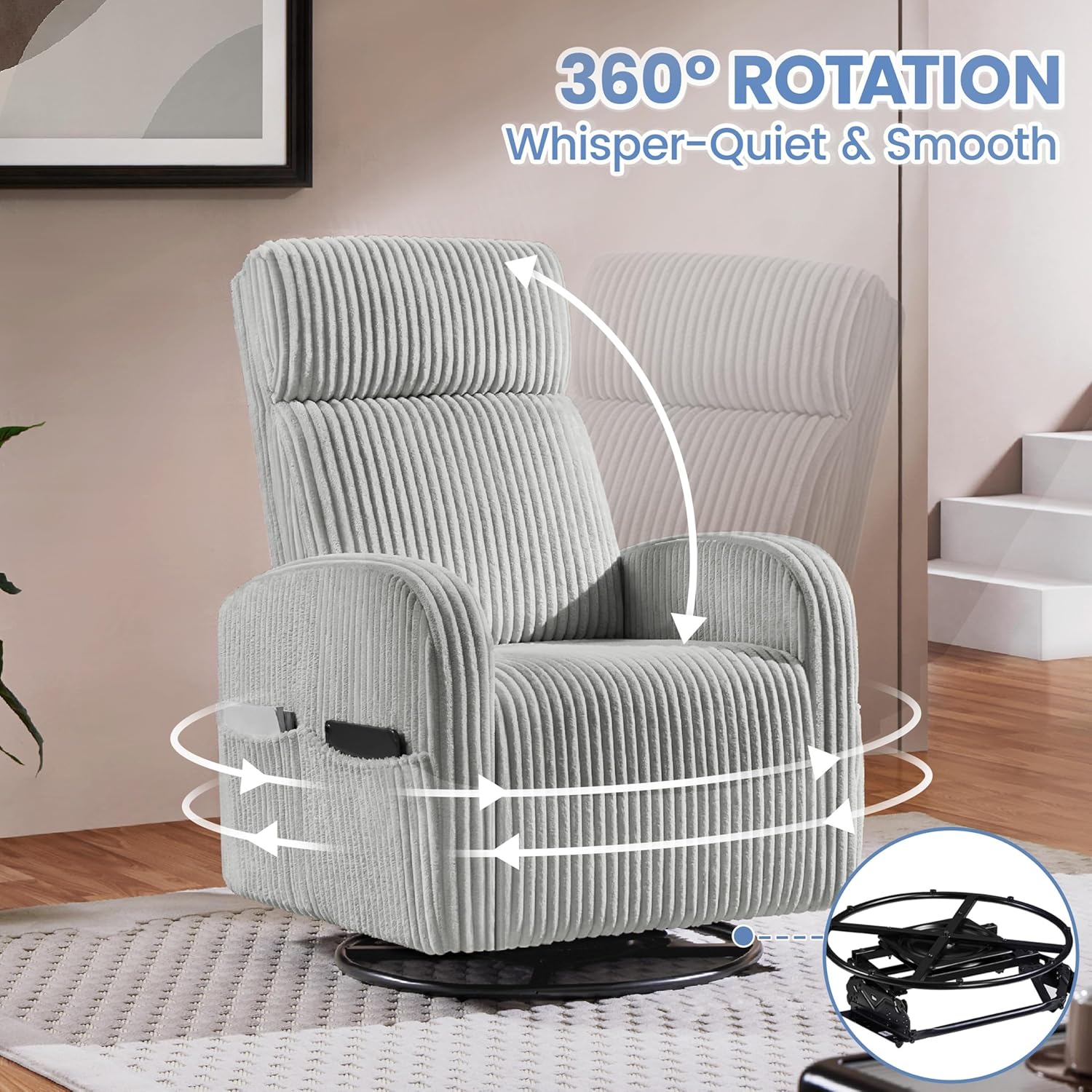 Yaheetech 360 Swivel Glider Chair Nursery Corduroy Rocking Nursing Chair with Pockets