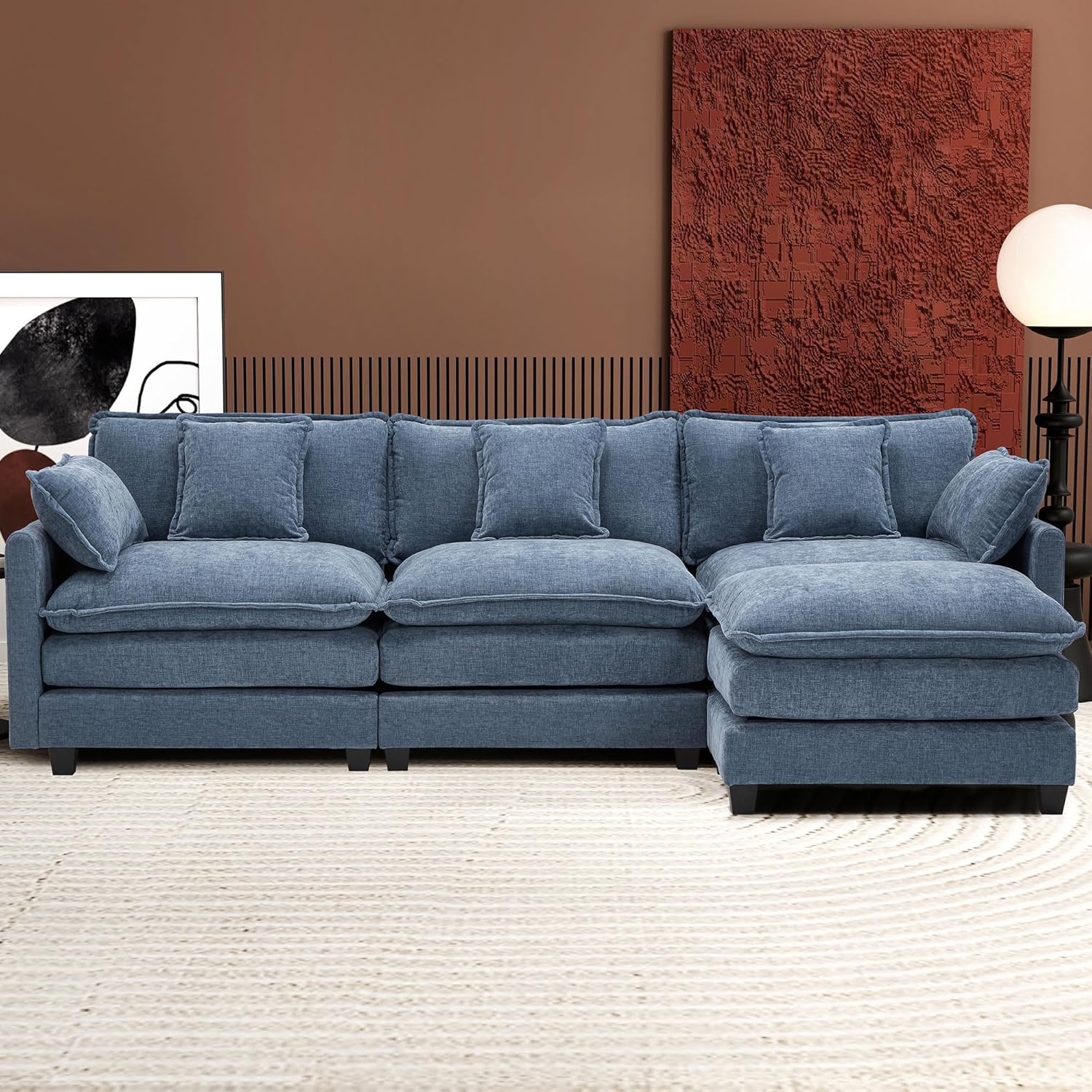 Ihanherry U Shaped Modular Cloud Sofa 5 Seat Chenille Sectional with Ottoman