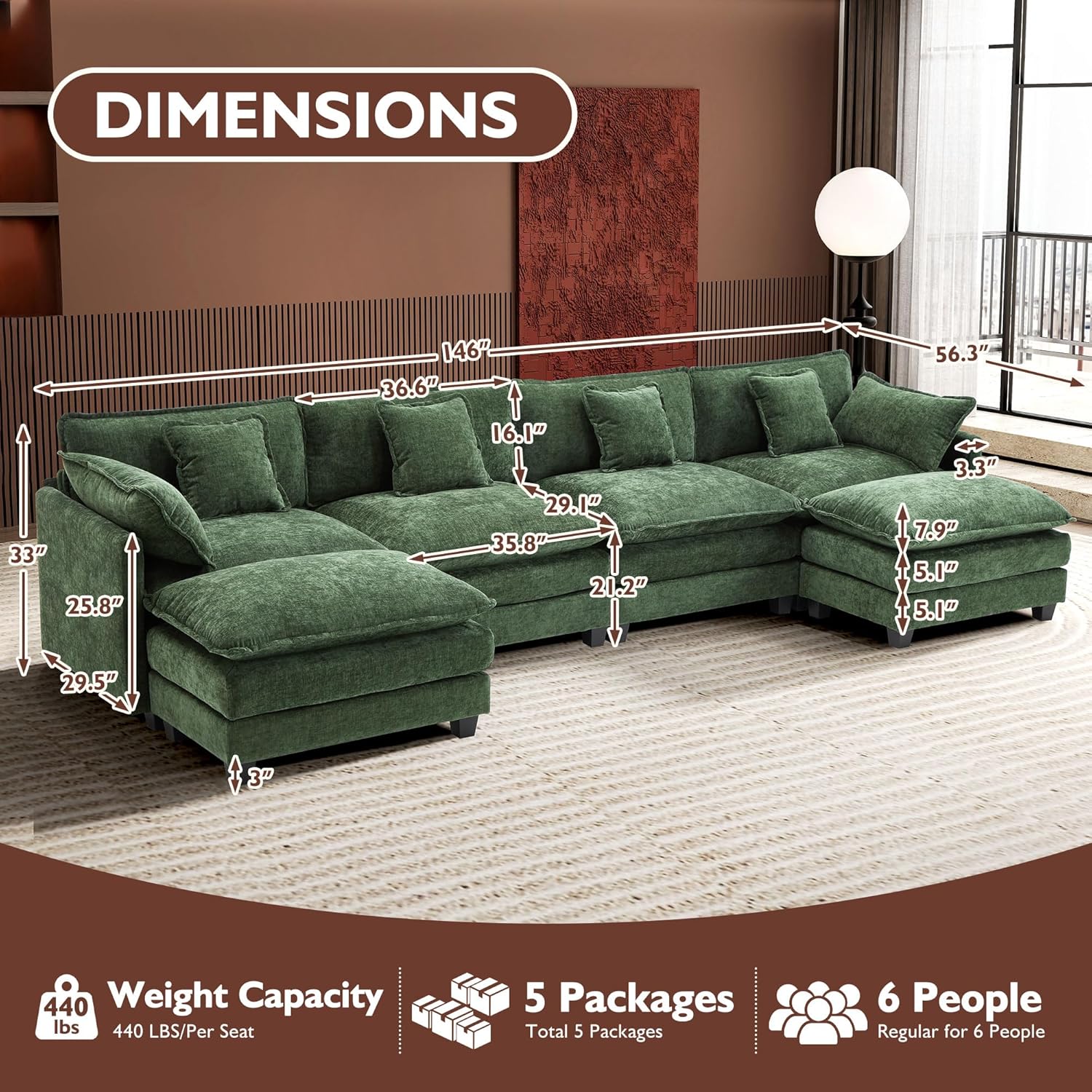 Ihanherry U Shaped Modular Cloud Sofa 5 Seat Chenille Sectional with Ottoman