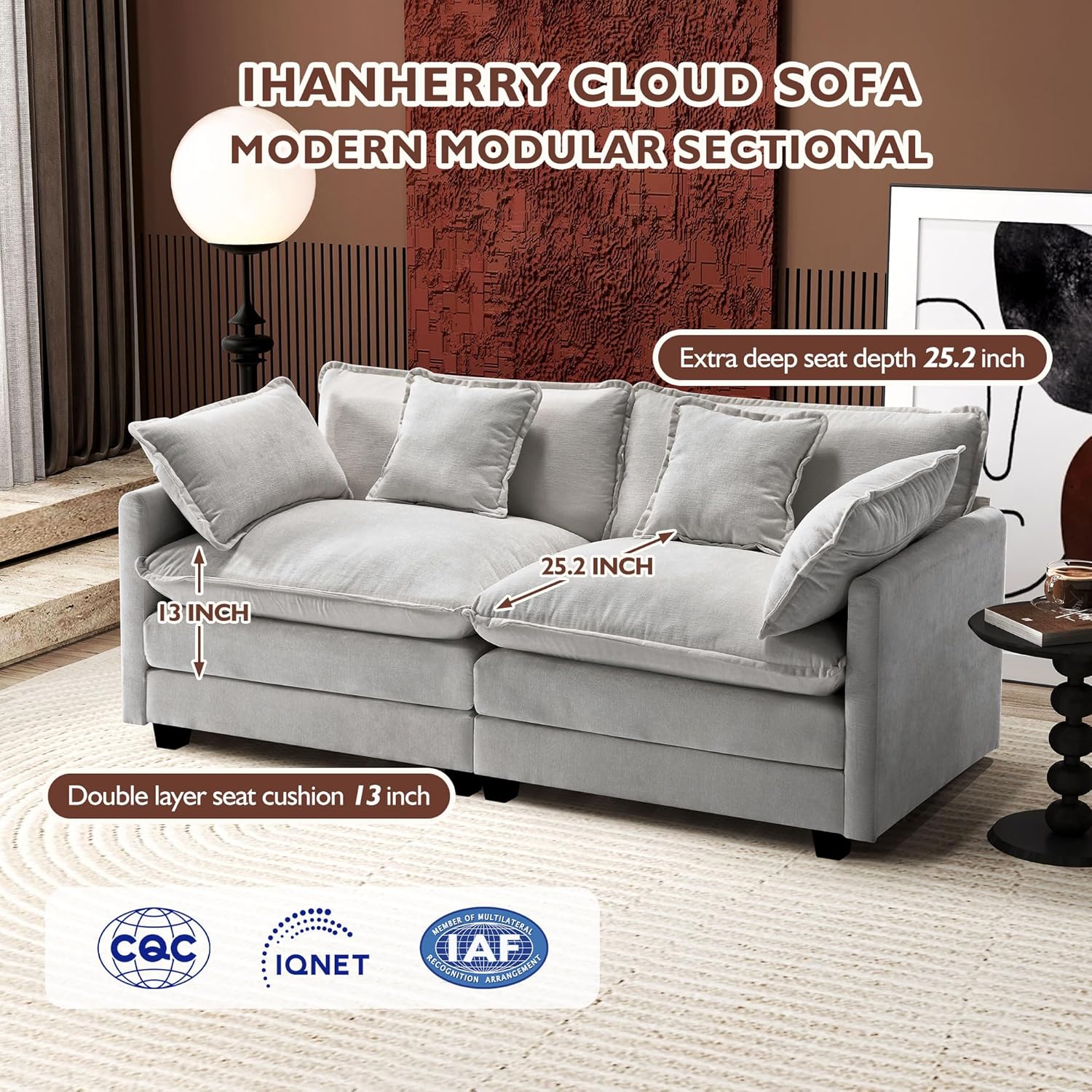 Ihanherry U Shaped Modular Cloud Sofa 5 Seat Chenille Sectional with Ottoman