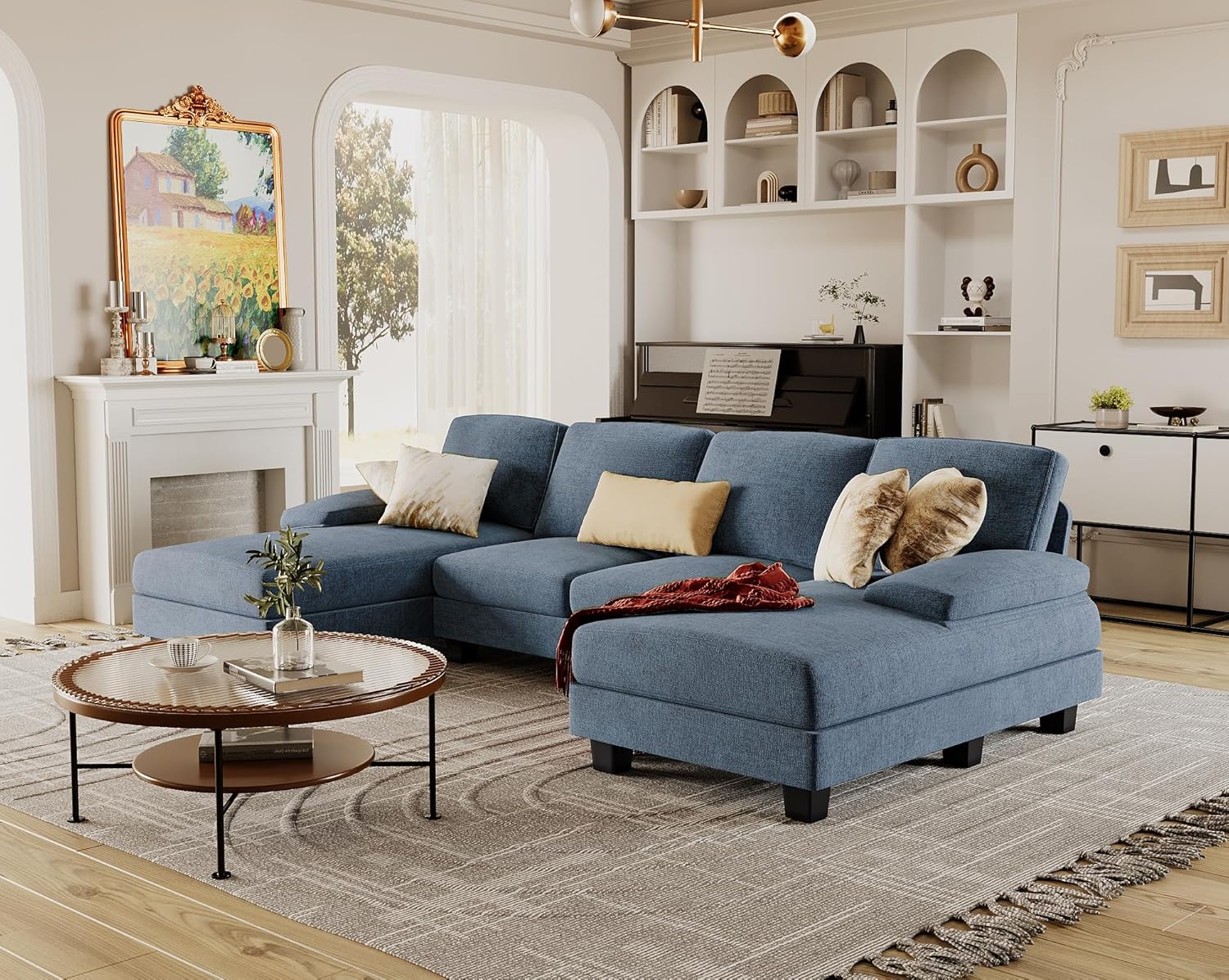 Furmax U-Shaped Sectional Sofa Couch 4 Seat Linen Fabric Double Chaise