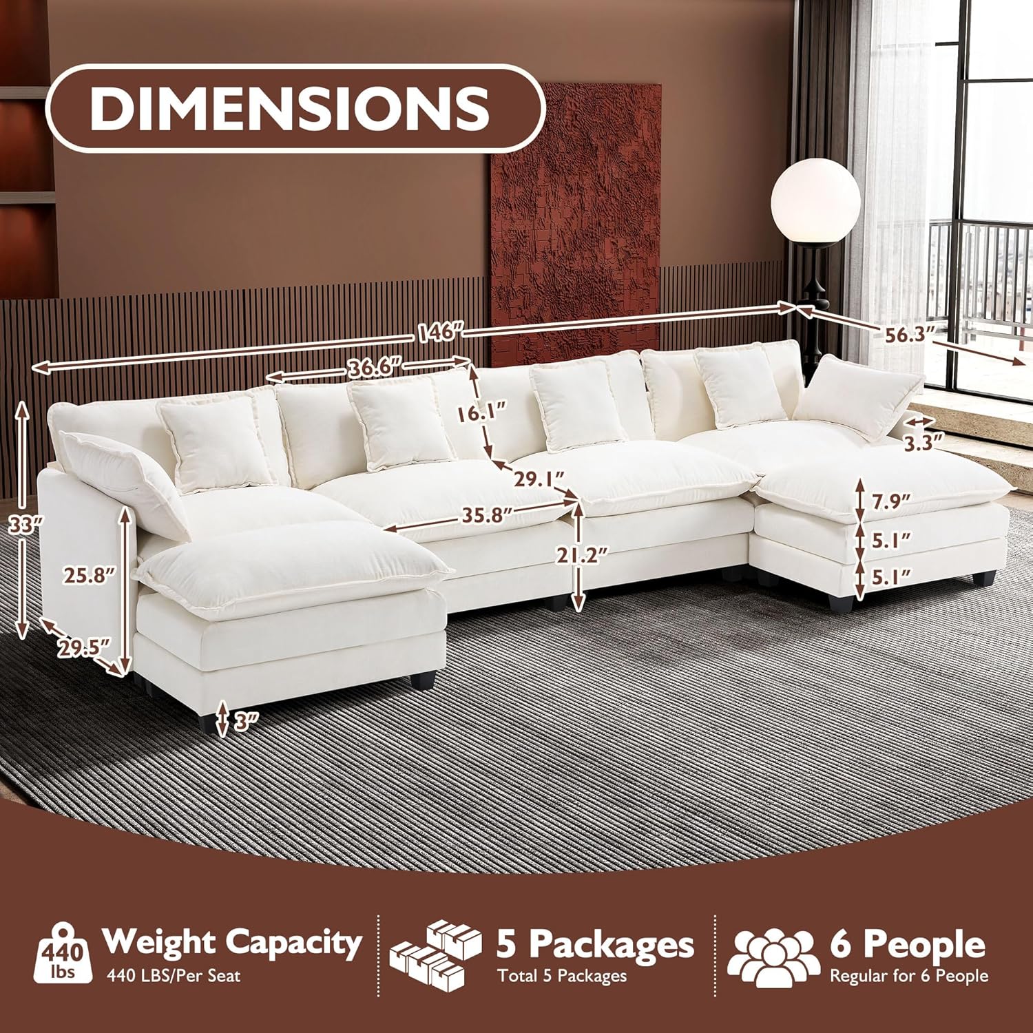 Ihanherry U Shaped Modular Cloud Sofa 5 Seat Chenille Sectional with Ottoman
