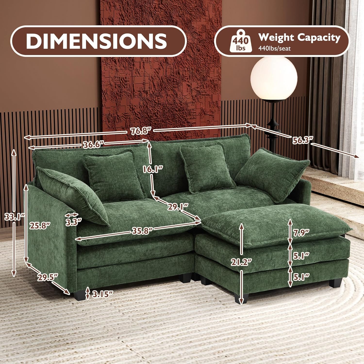 Ihanherry U Shaped Modular Cloud Sofa 5 Seat Chenille Sectional with Ottoman