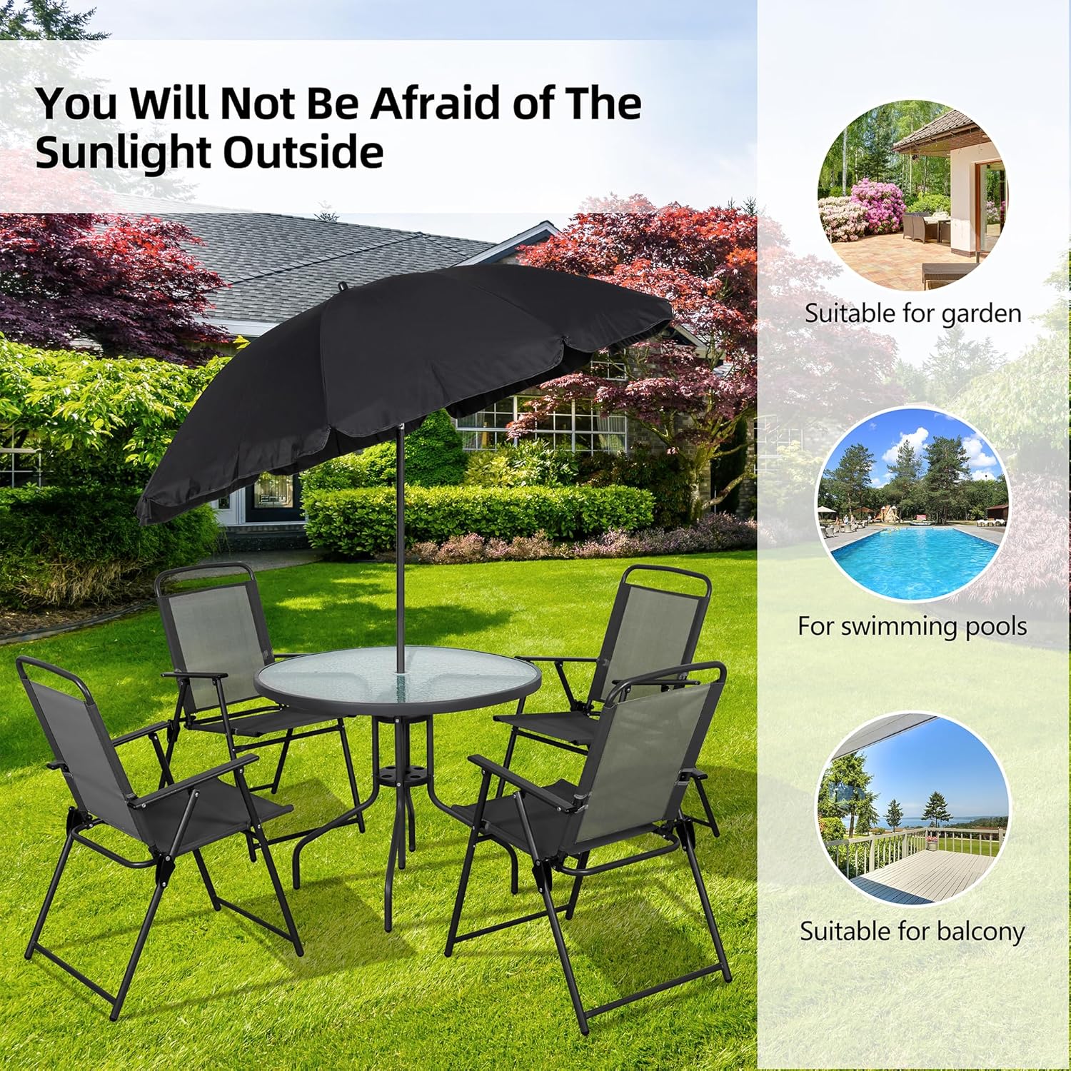 Vongrasig 6 Piece Folding Patio Dining Set Outdoor Table with 4 Chairs Umbrella