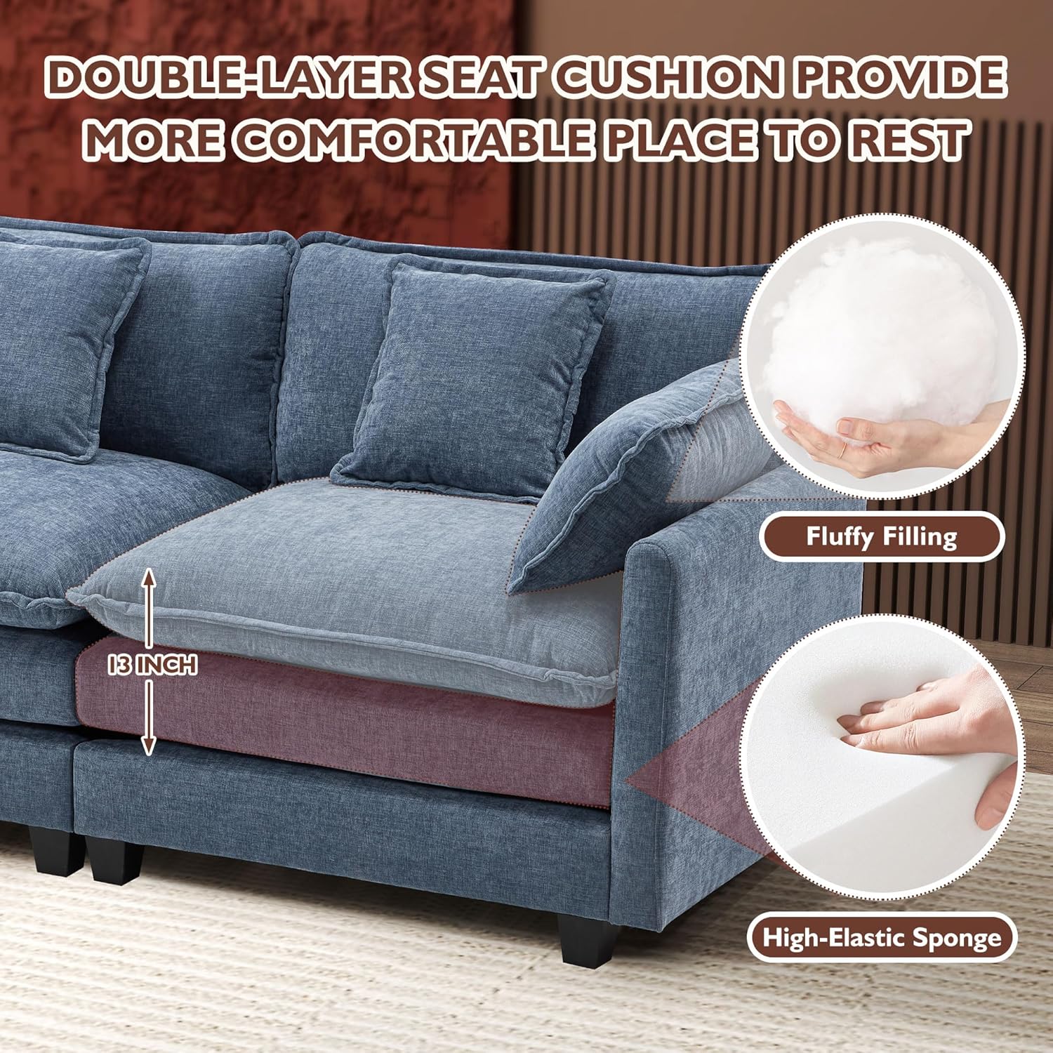 Ihanherry U Shaped Modular Cloud Sofa 5 Seat Chenille Sectional with Ottoman