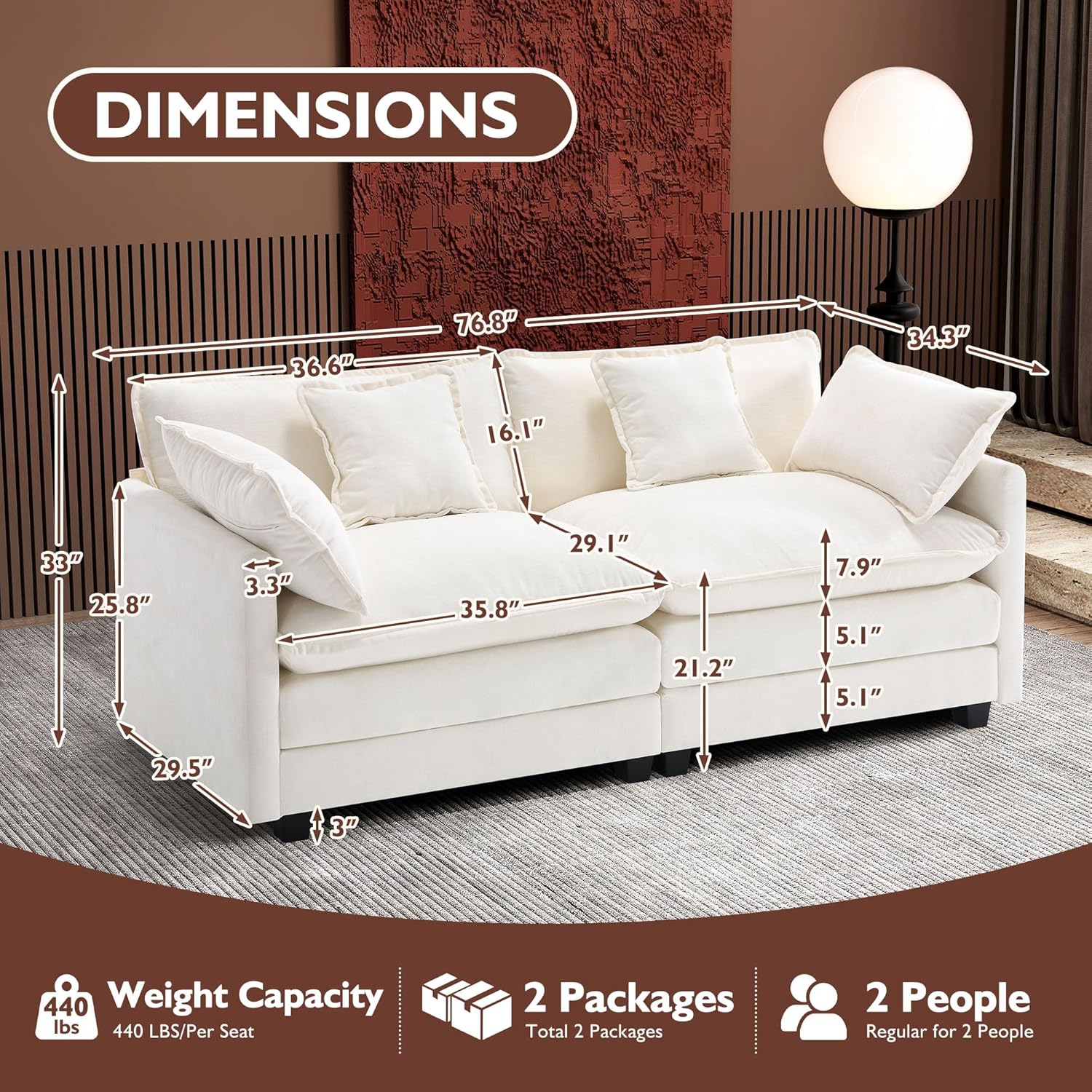 Ihanherry U Shaped Modular Cloud Sofa 5 Seat Chenille Sectional with Ottoman