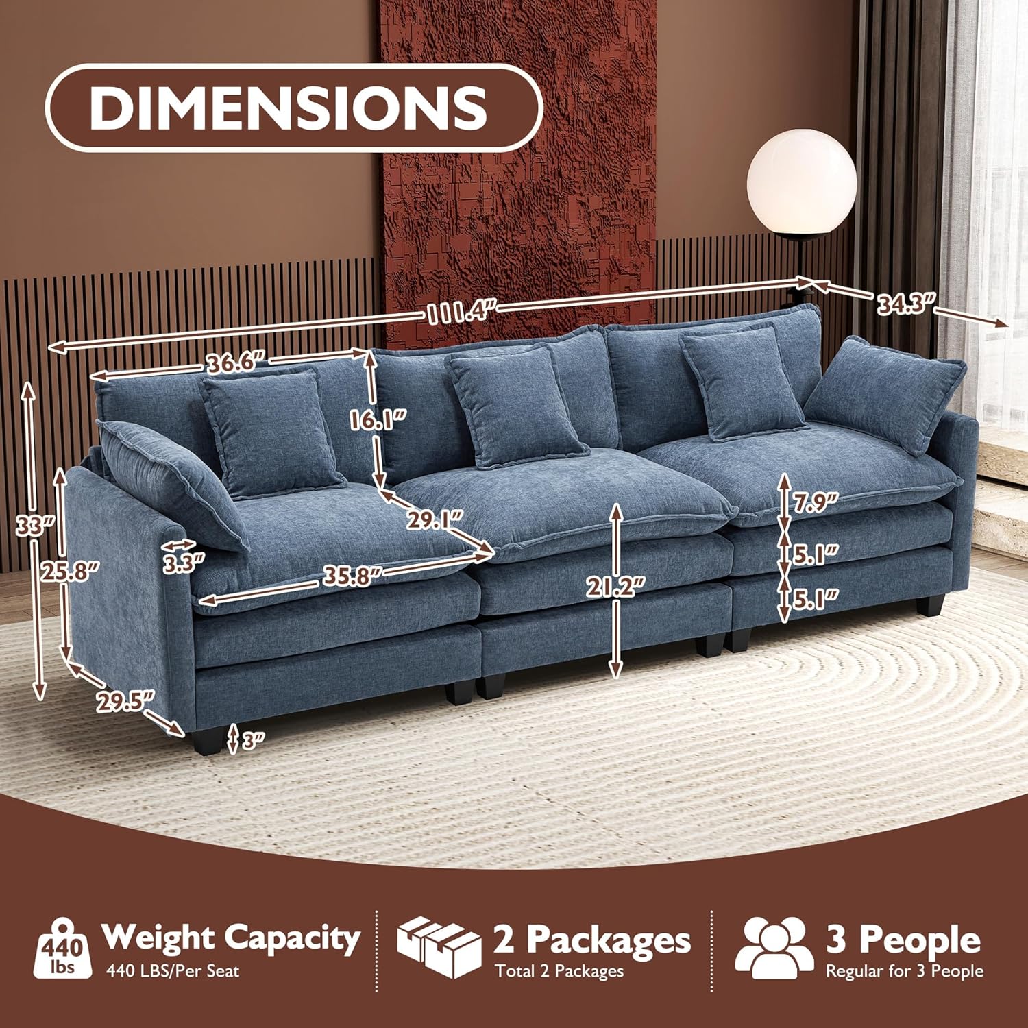Ihanherry U Shaped Modular Cloud Sofa 5 Seat Chenille Sectional with Ottoman